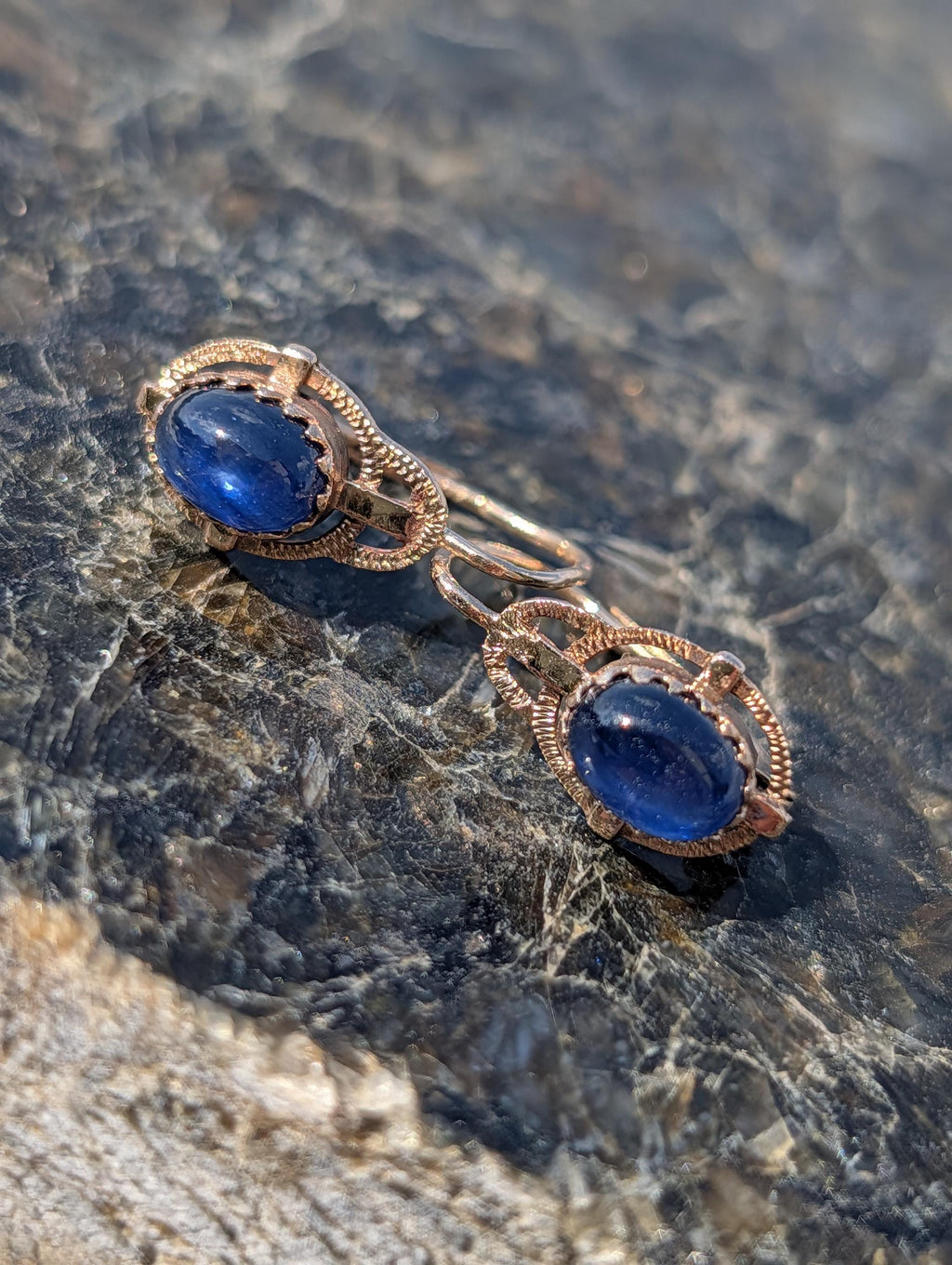 1940s Late Art Deco Natural Sapphire Cabochon 14k Yellow Gold Earrings, Vintage Dangle Lever Back Earrings, Gift for Her Present