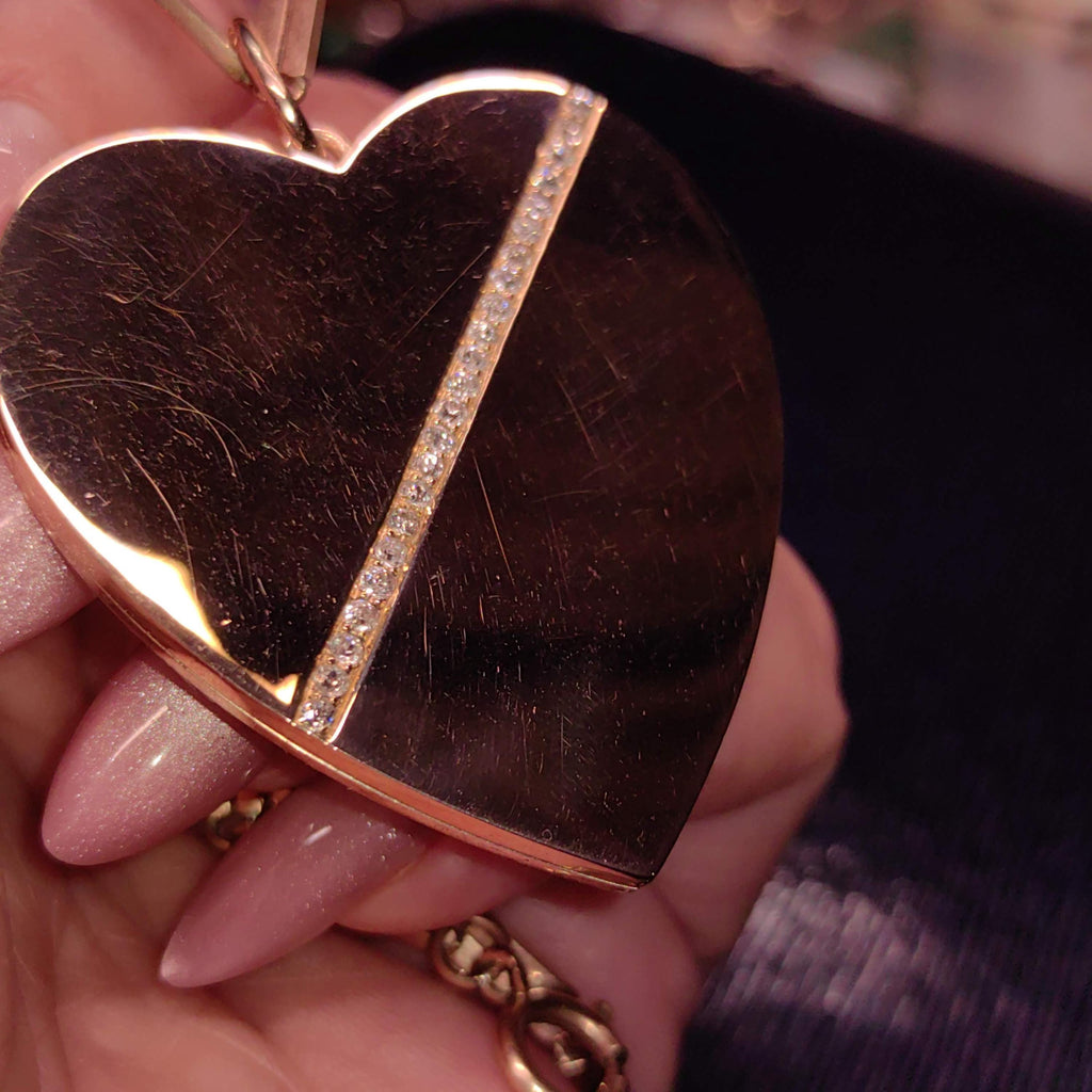Diamond Heart Locked Pendant Solid 14k Gold Large Geometric Statement Jewelry