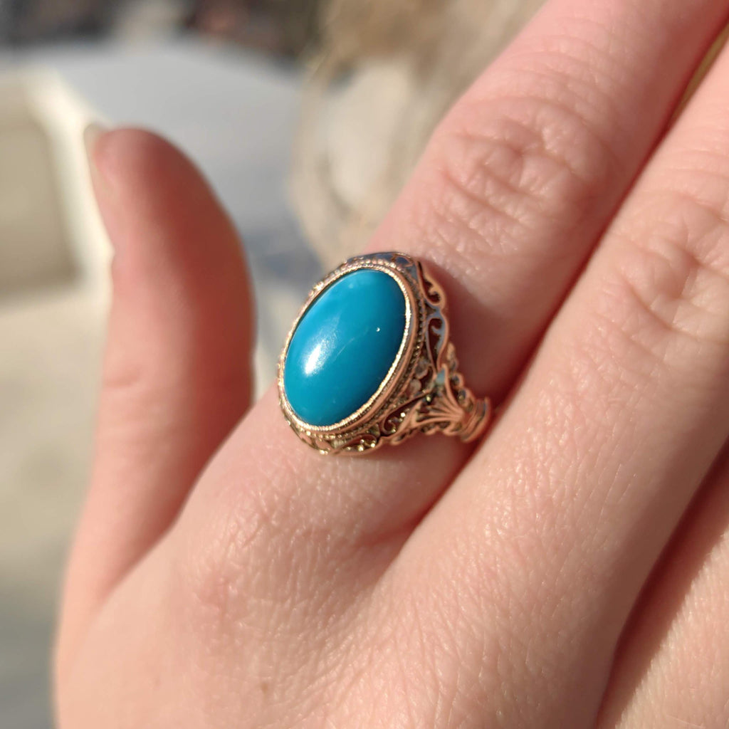 Vintage 14k Solid Yellow Gold Natural Blue Turquoise Ring, Antique 1930s Hand Chiseled Statement Jewelry Gift for Her