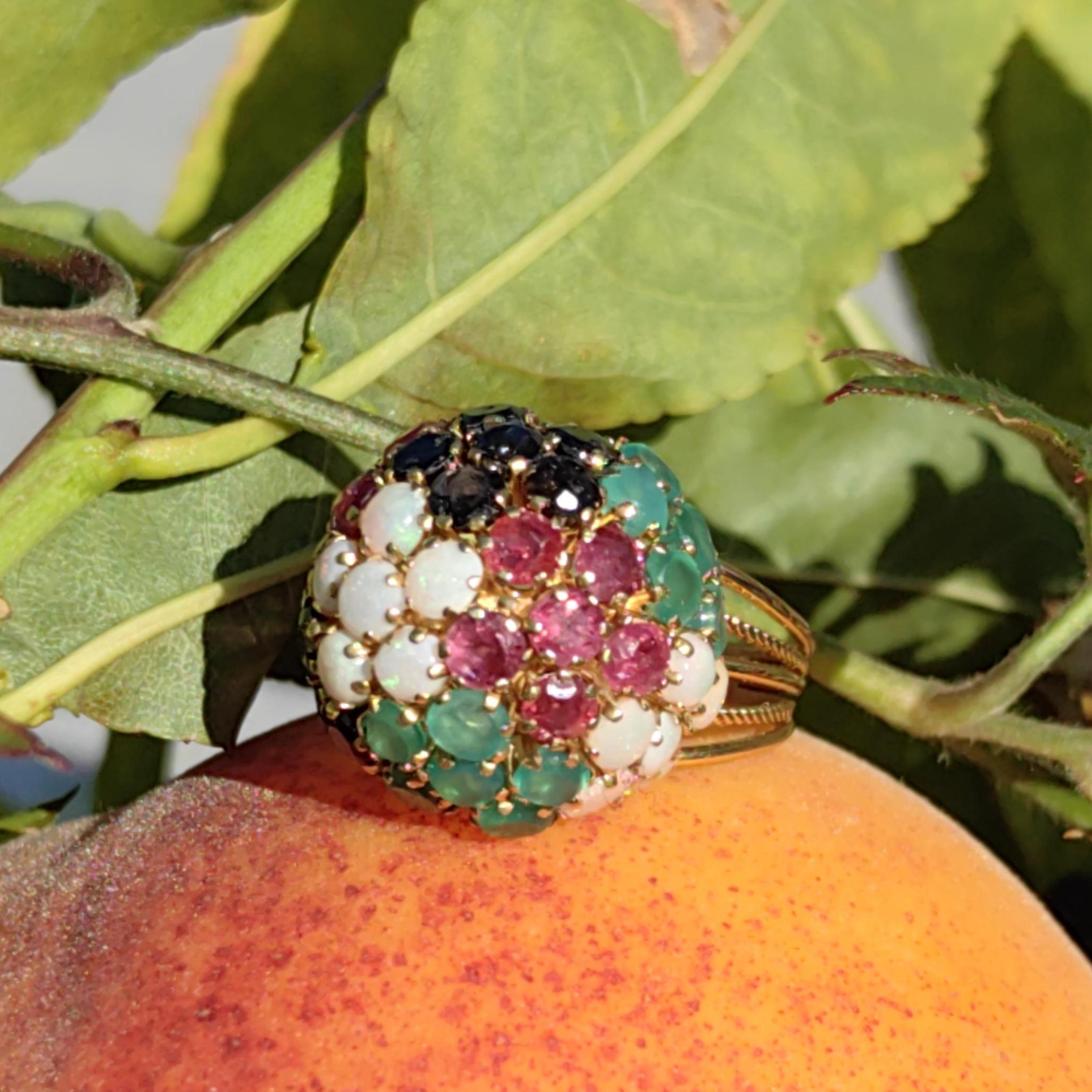 14k Gold Multi-Stone Bombe Ring: Emerald, Ruby, Opal, Sapphire Floral Design