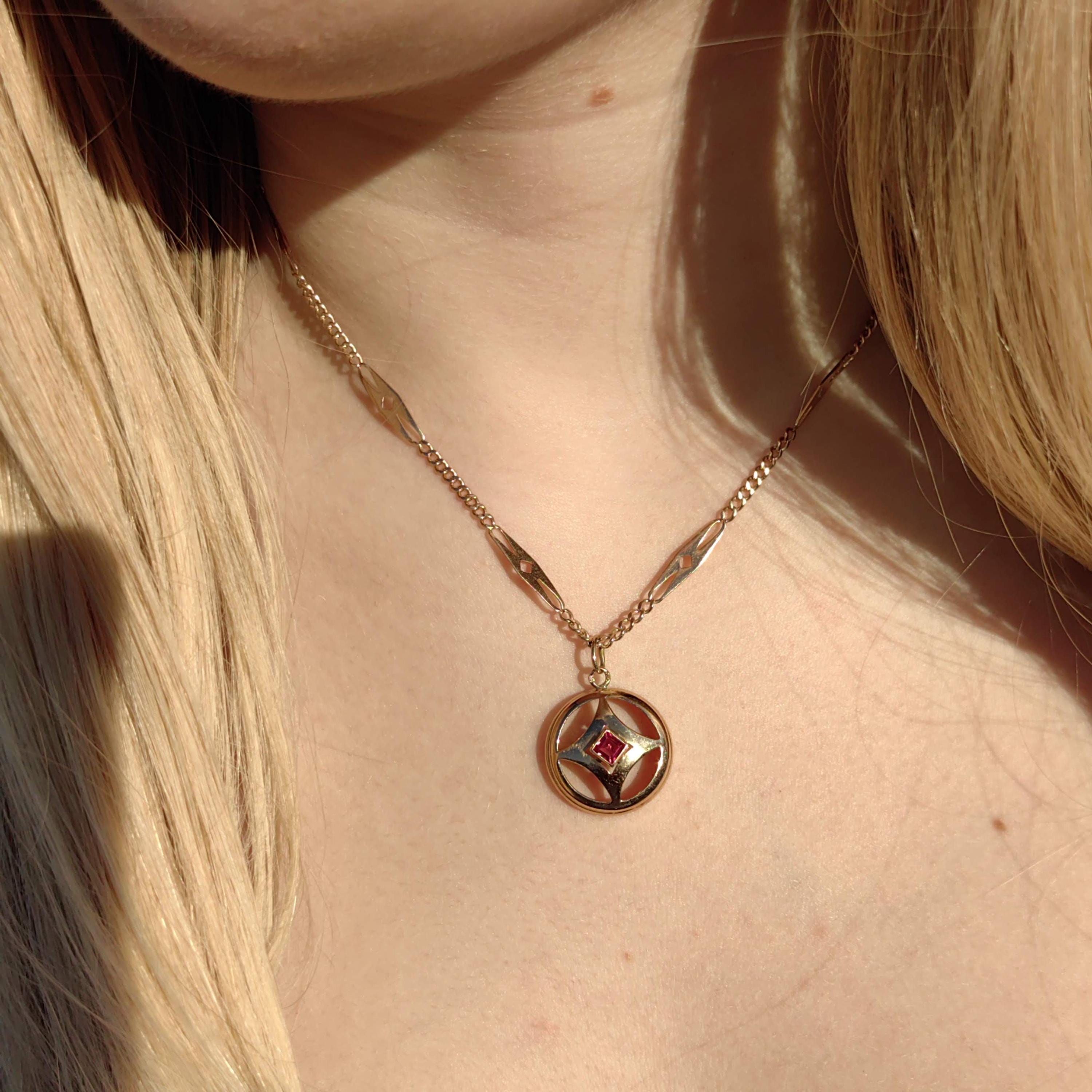 1900s Art Nouveau 14k Solid Yellow Rose Champagne Gold Pendant Lab Grown Ruby Liberty Style Elegant Medallion Gift for Her Present