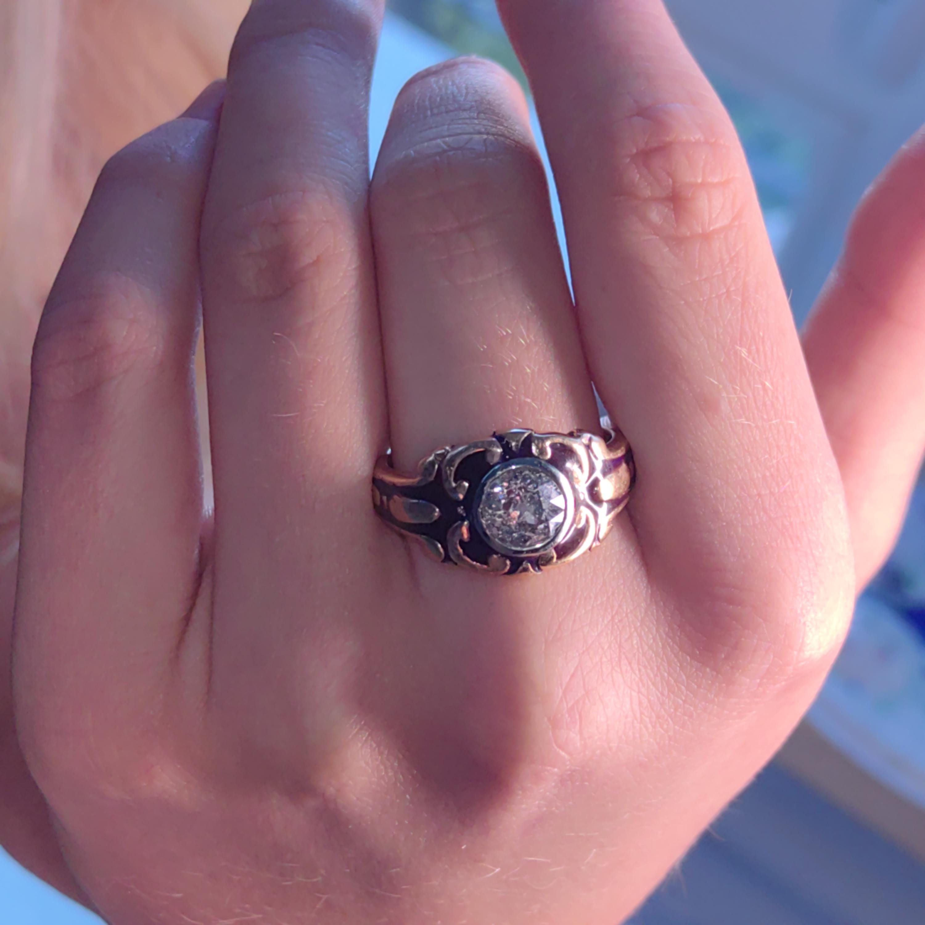 Diamond Victorian 1890s Solid 18k Gold dark Purple Aubergine Enamel Antique Engagement Statement Ring Elegant Vintage Gift for Her