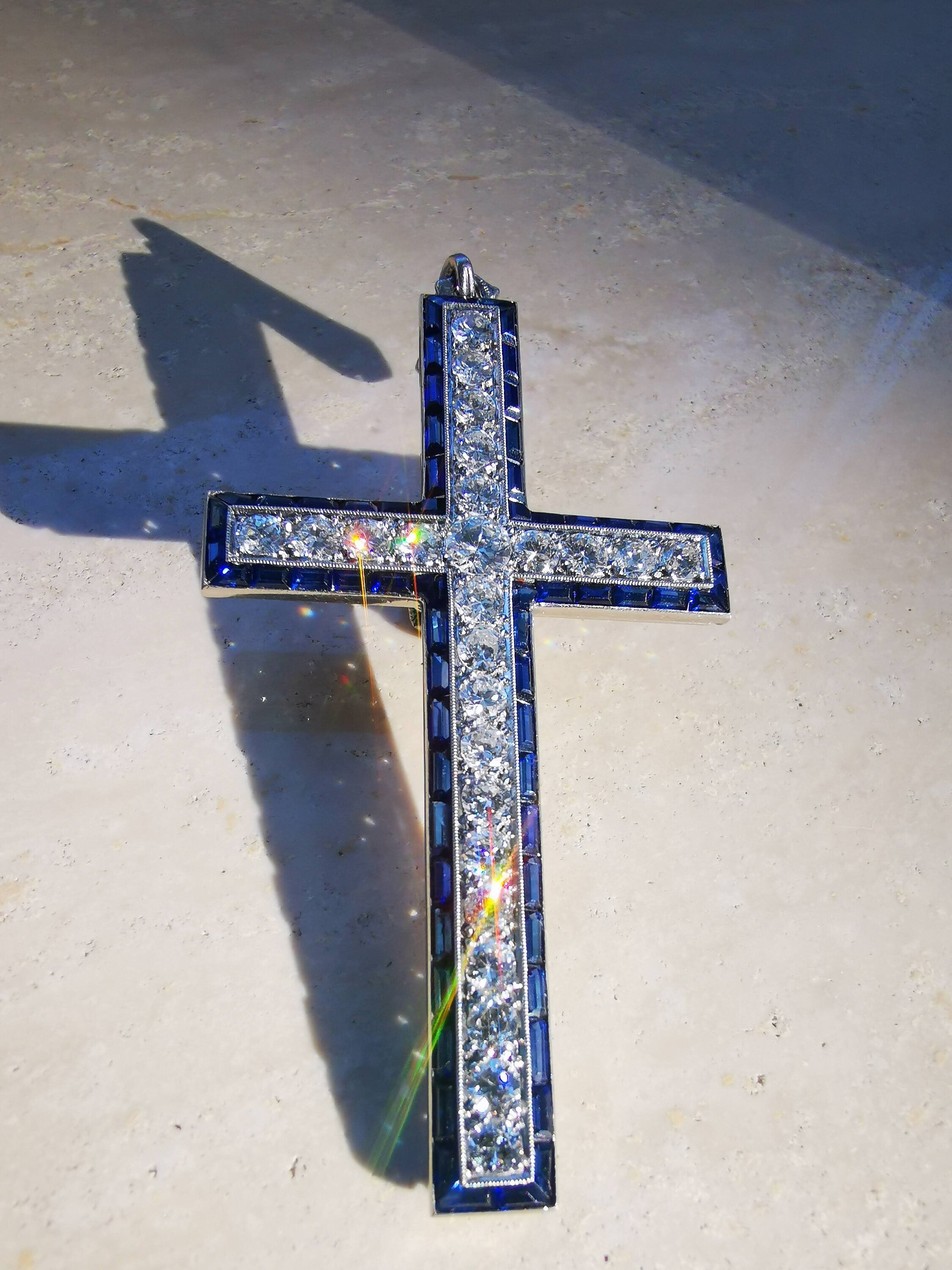 1920s Art Deco Platinum Cross Pendant: Diamond & Sapphire Antique