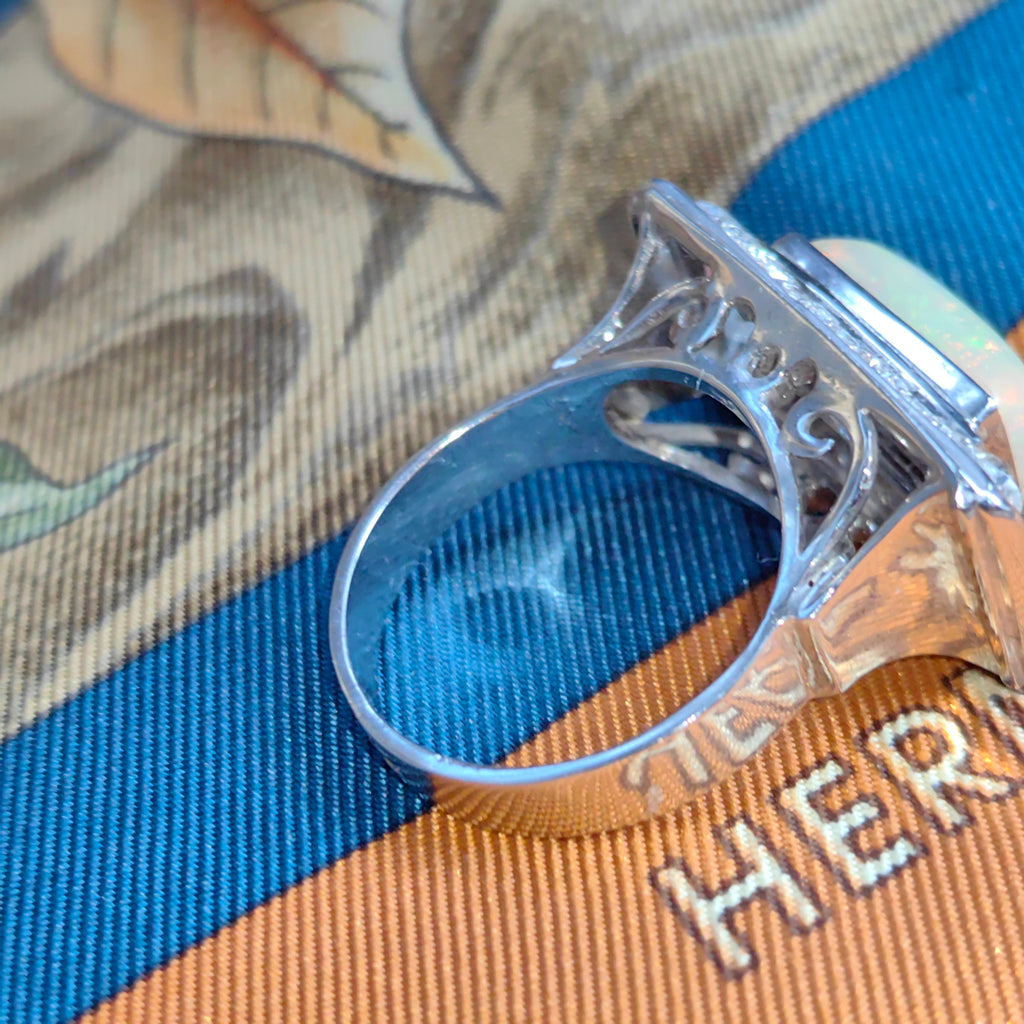 Art Deco Antique Vintage Diamond and Opal 14k White Gold Statement Ring