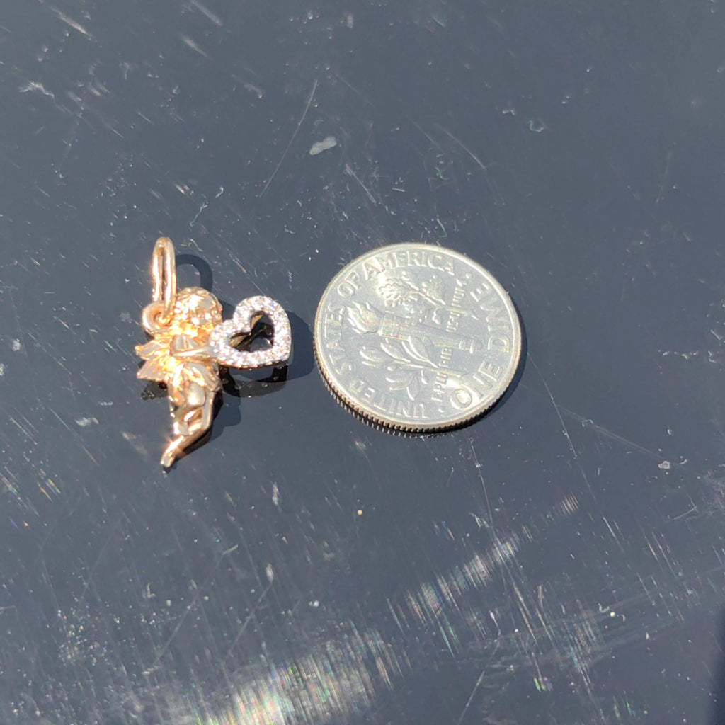 14k Yellow Gold Angel Pendant: Cubic Zirconia Heart Charm