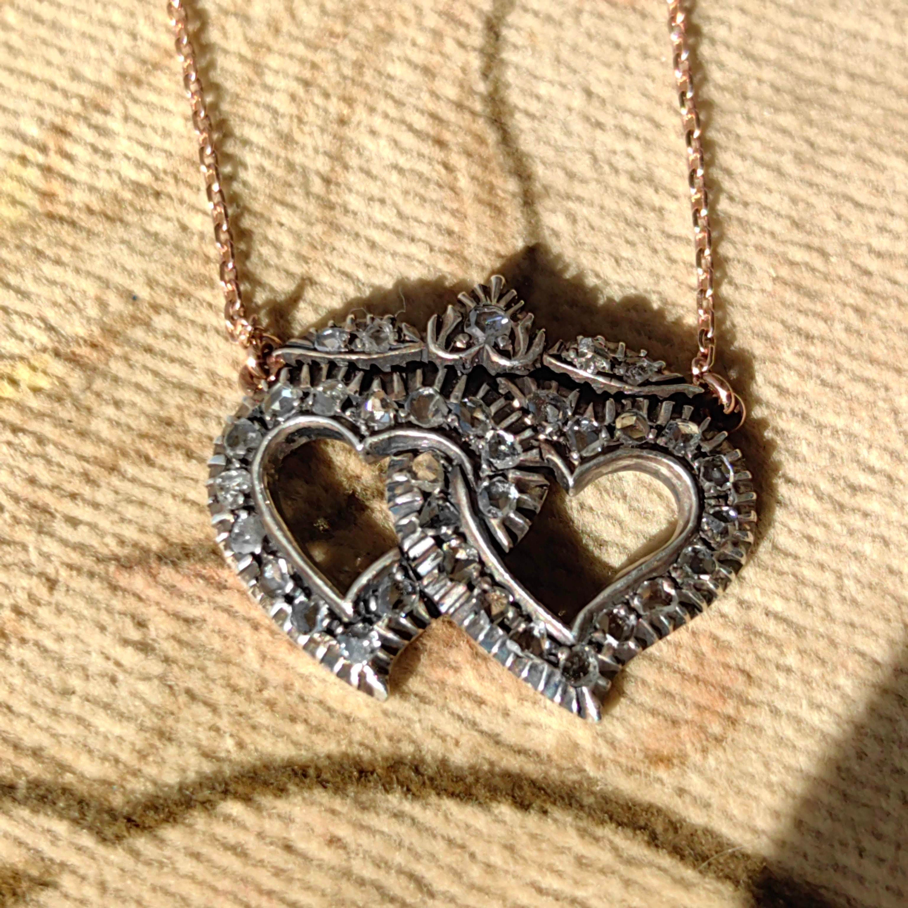 Antique Rose cut Natural Diamond Heart Shaped Love Romantic Pendant Necklace  14k Solid Yellow Gold & Silver Elegant Necklace