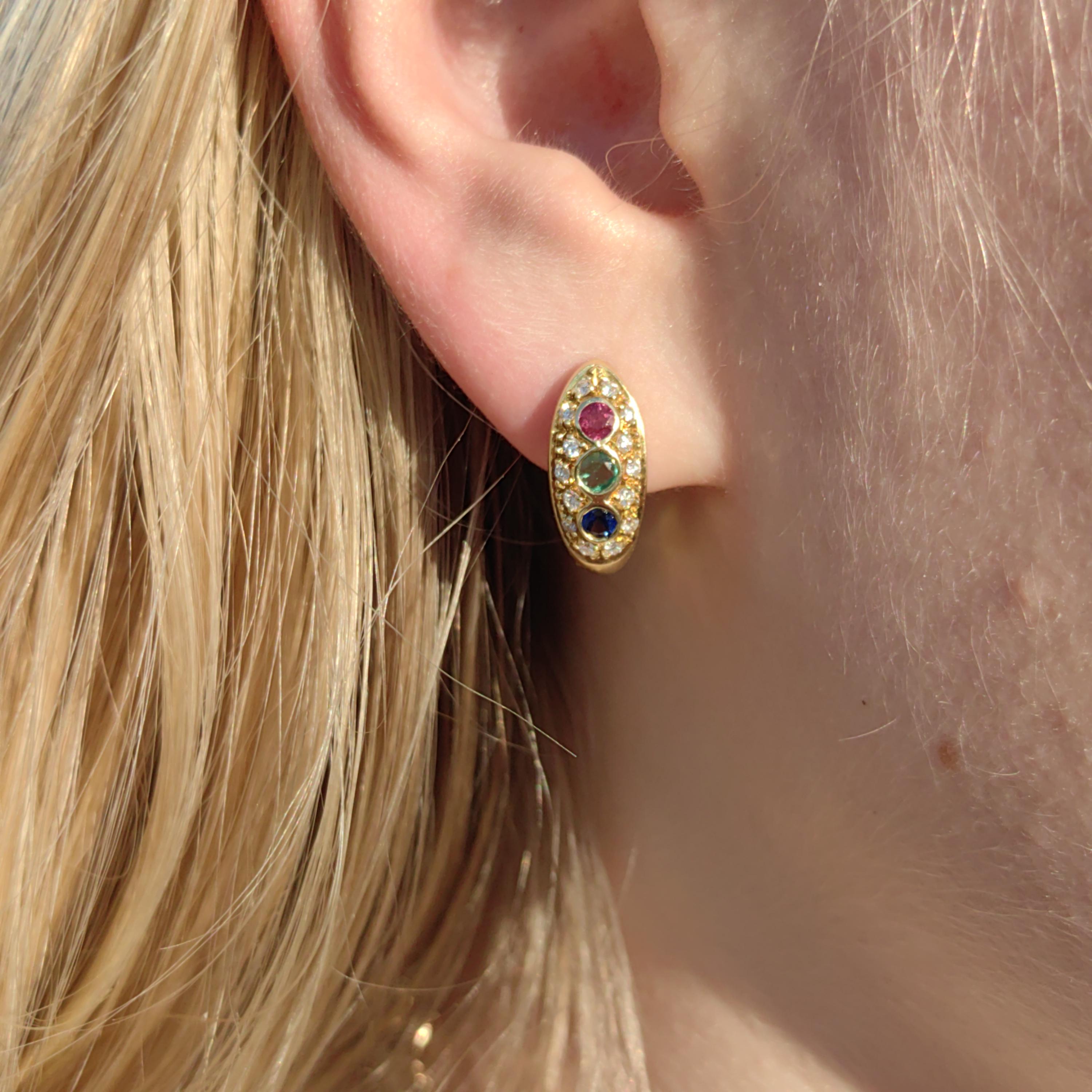 18k Gold Tutti Frutti Gemstone Hoop Earrings: Diamond, Ruby, Sapphire, Emerald