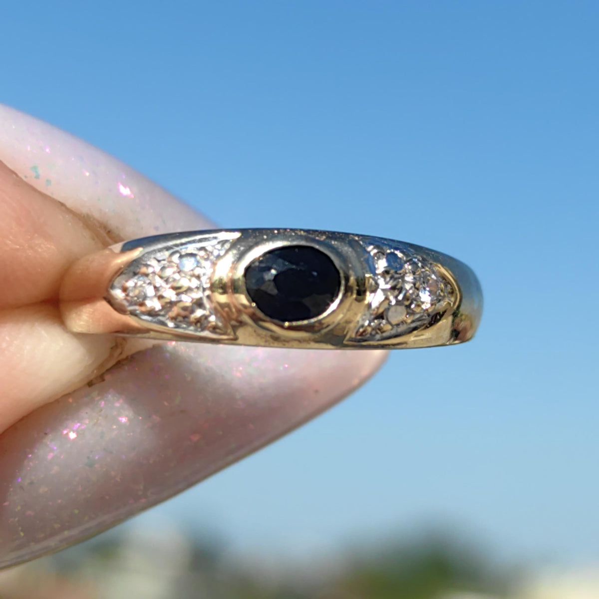 Vintage 14k Solid Yellow Gold Sapphire & Diamond Gypsy Band Ring, 585 Hallmarked Engagement or Anniversary Gift for Her