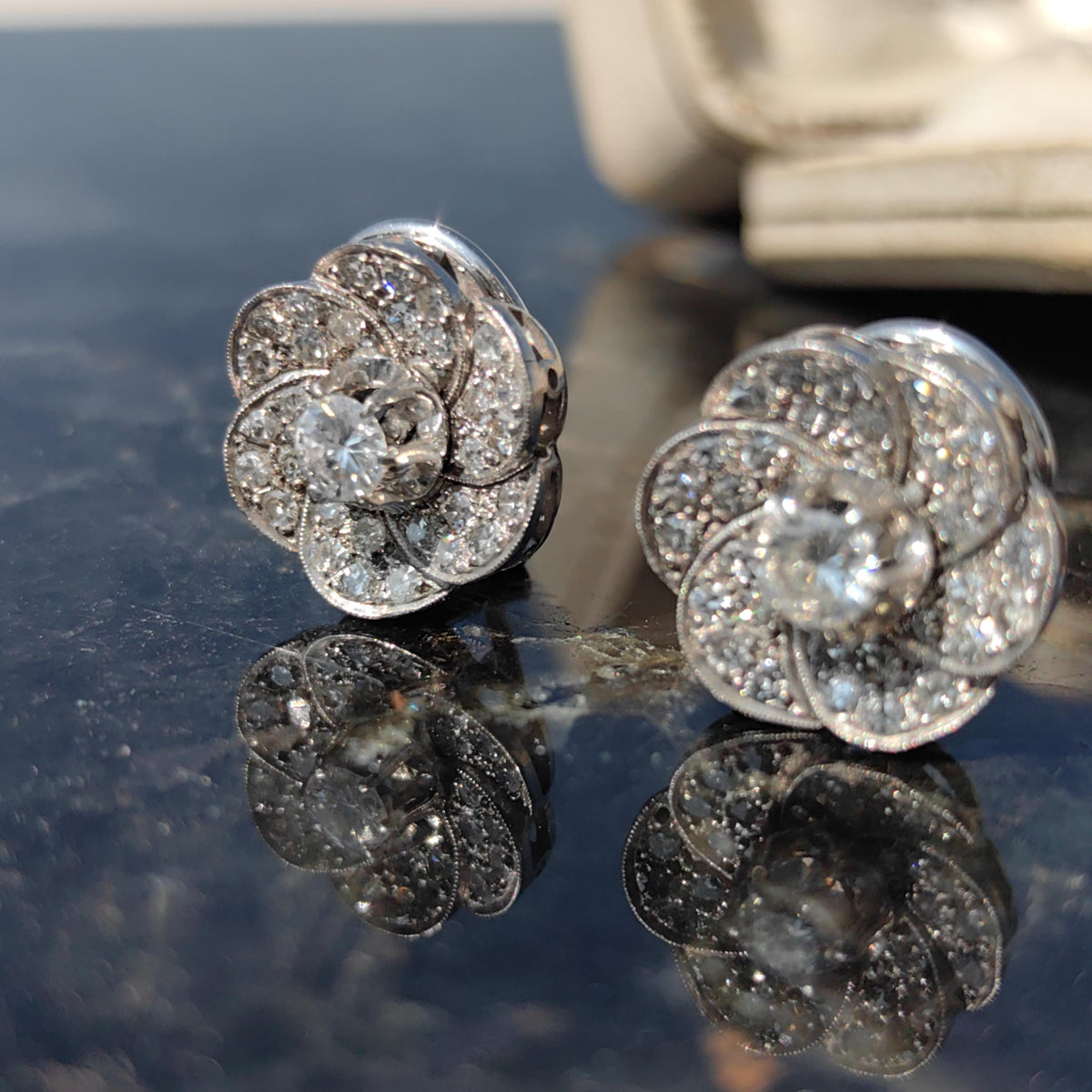18k Solid White Gold Diamond Art Deco 1920s Elegant Large Statement Earrings with Floral Design Gift for her Present