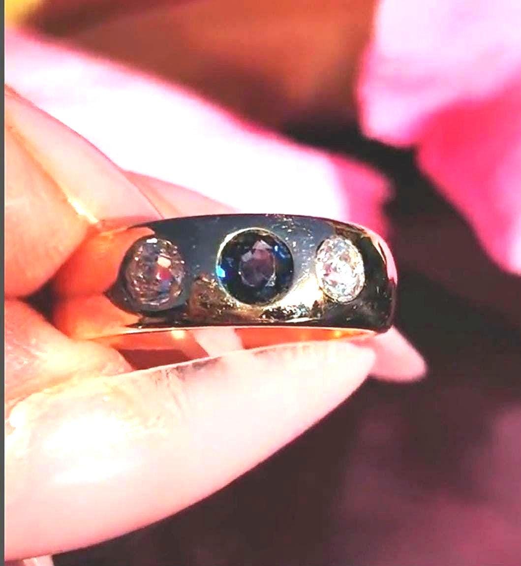 Victorian Sapphire Diamond Ring: 14k Yellow Gold Antique Gipsy Band