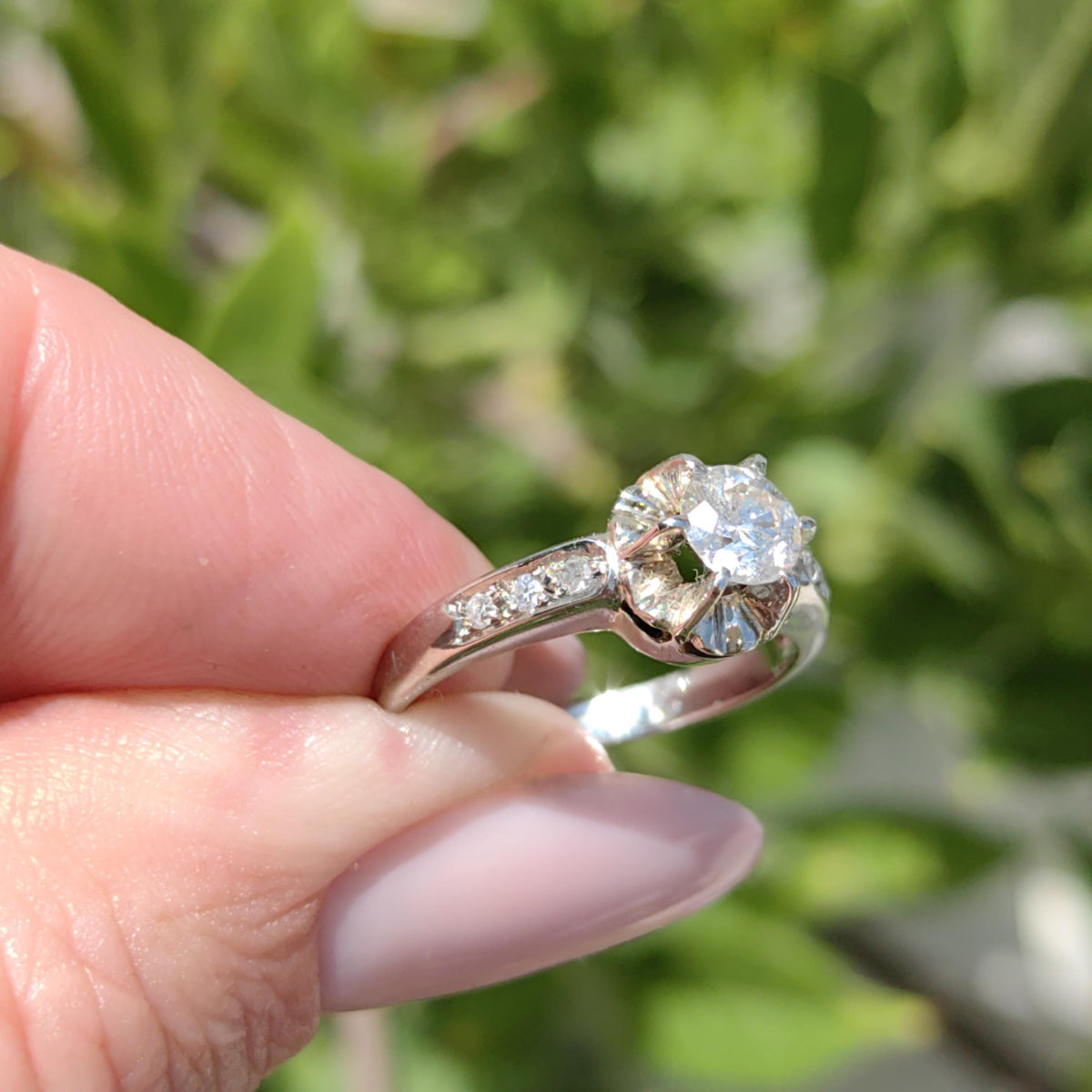 Vintage Natural Diamond Cluster Ring 14k Solid White Gold Engagement Ring Wedding Band Size 6, Elegant Gift for Her