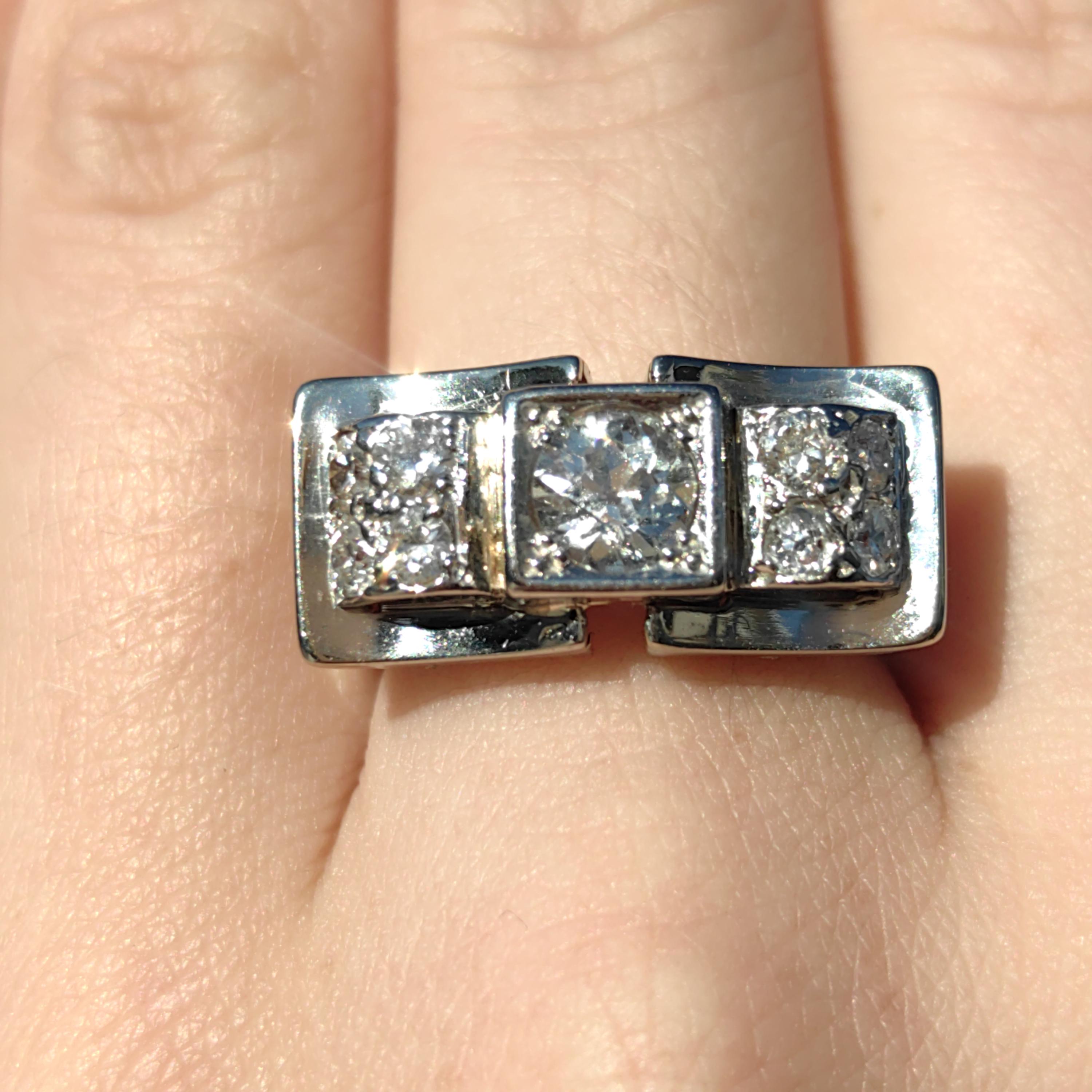 Art Deco 18k White Gold Diamond Ring, Antique Chevalier Style