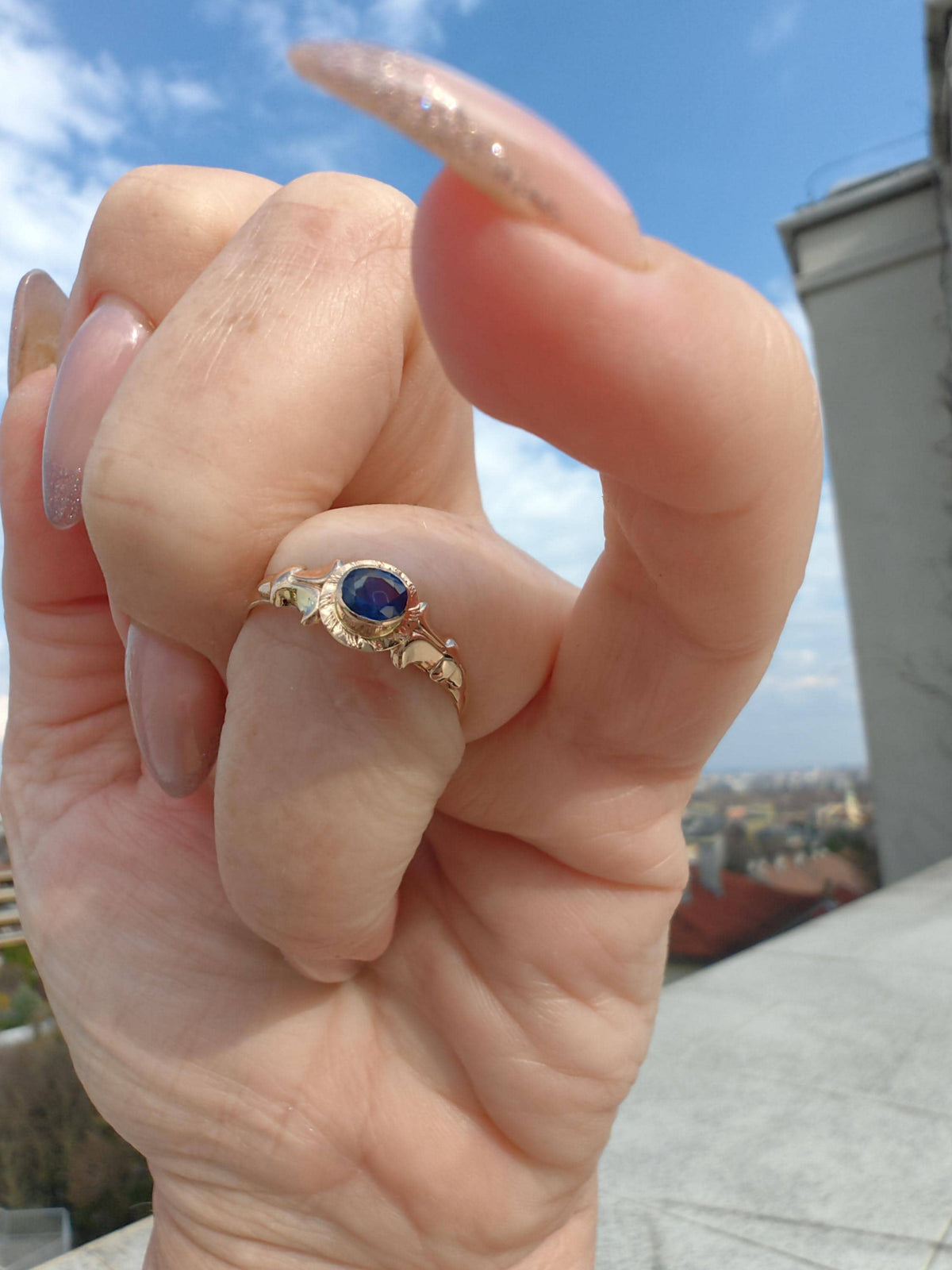 Art Nouveau Sapphire Ring Solid Yellow Rose Gold Antique 1900s