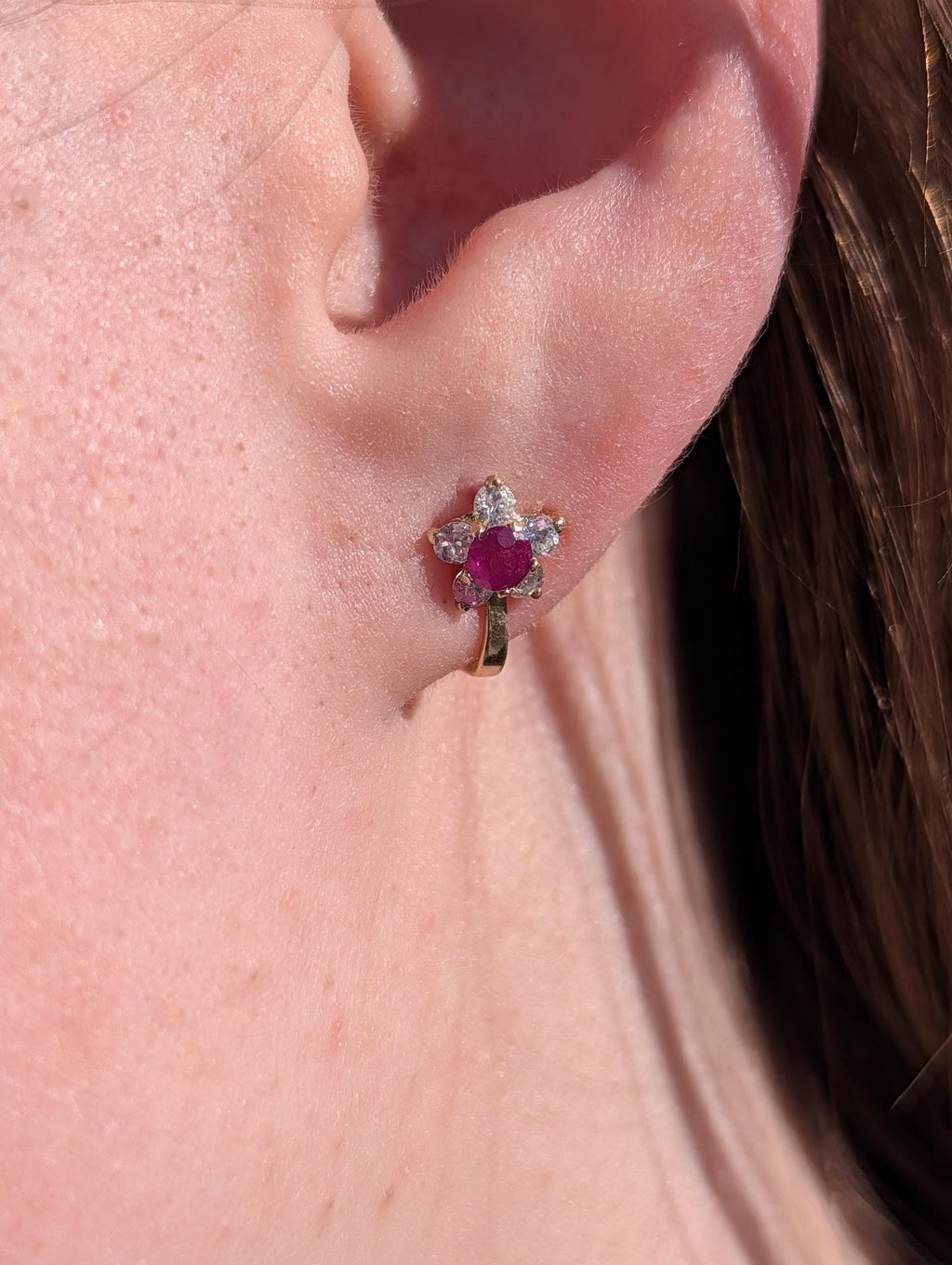 Vintage Ruby Diamond Stud Earrings 14K Gold Floral Earrings Natural Ruby Diamond Antique Latch Back Earrings Gift for Her