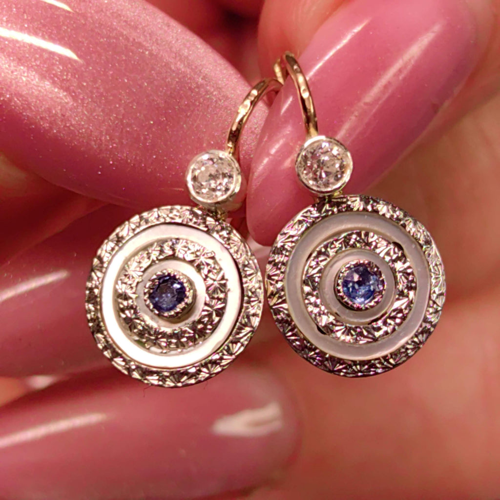 1920s Art Deco Antique Diamond and Sapphire Solid Yellow Gold Elegant Statement Earrings Lever Back Closure Gift for Her