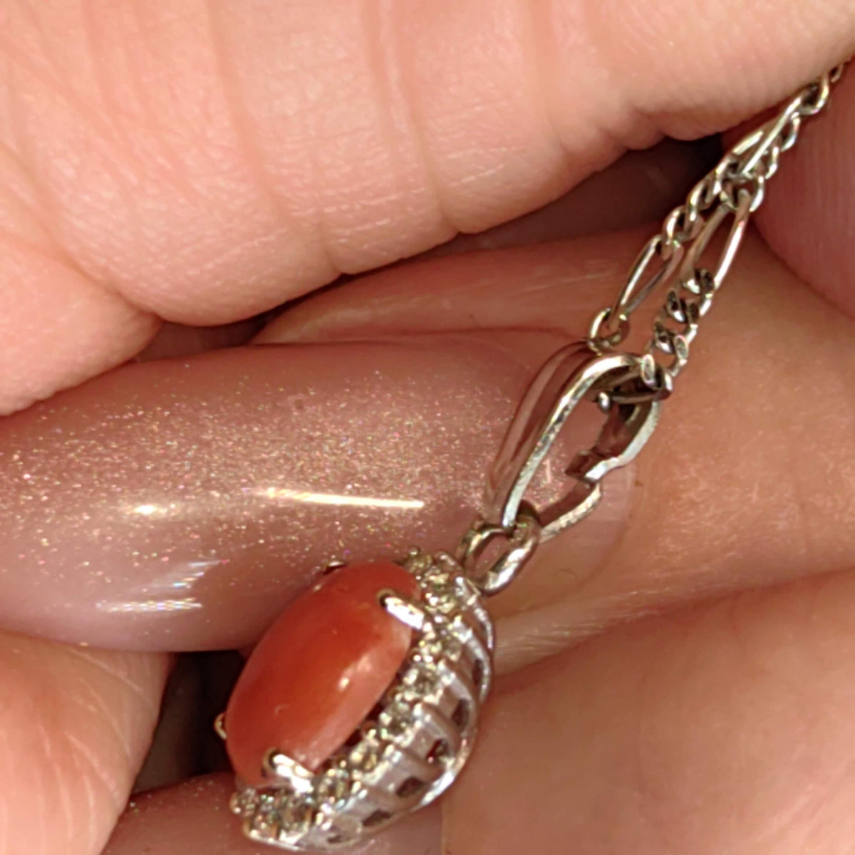 Vintage Natural Mediterranean Red Coral Solid 14k 585 Hallmarked White Gold Elegant Dainty Cubic Zirconia Halo Pendant Gift for Her Present
