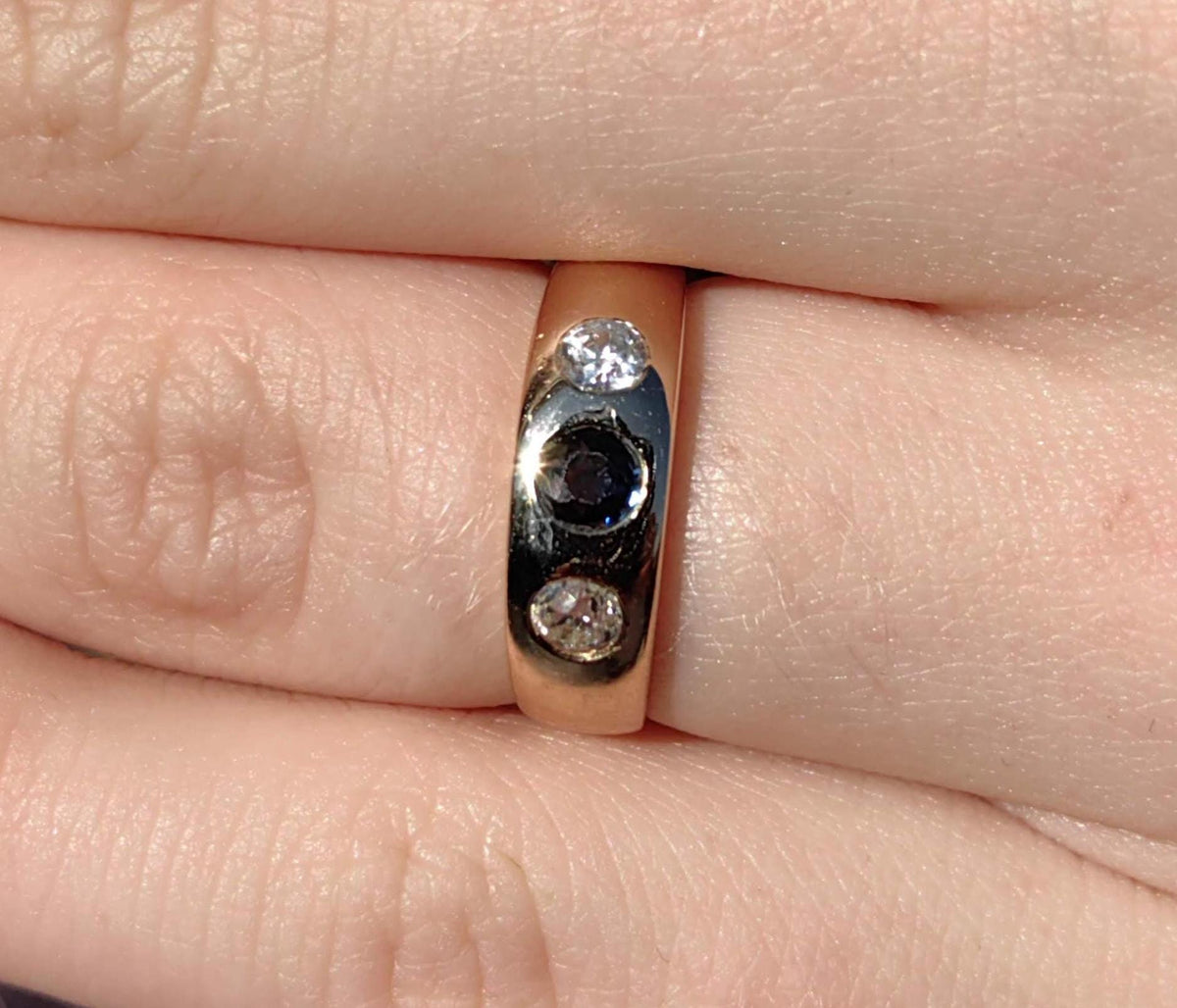 Victorian Sapphire Diamond Ring: 14k Yellow Gold Antique Gipsy Band