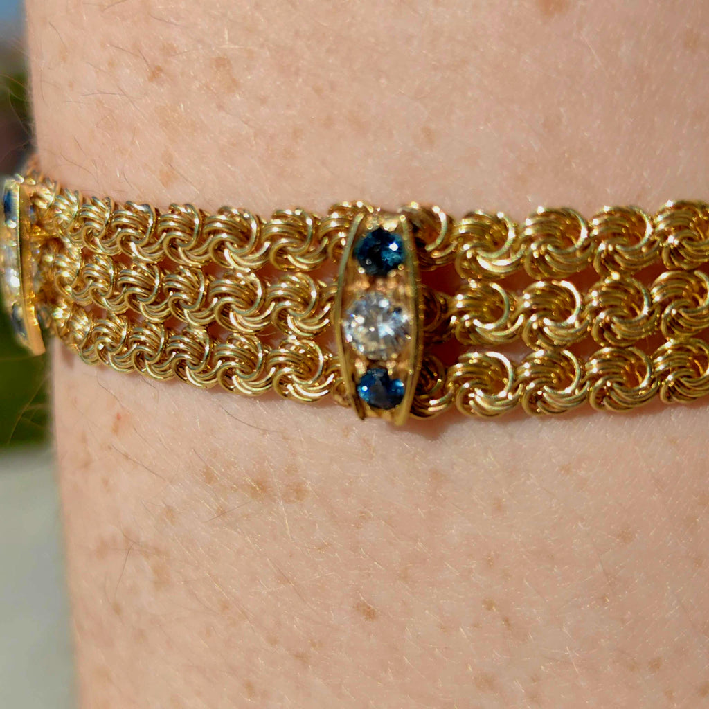 Art Deco Sapphire Diamond Bracelet: 14k Yellow Gold Chain, 1940s Vintage