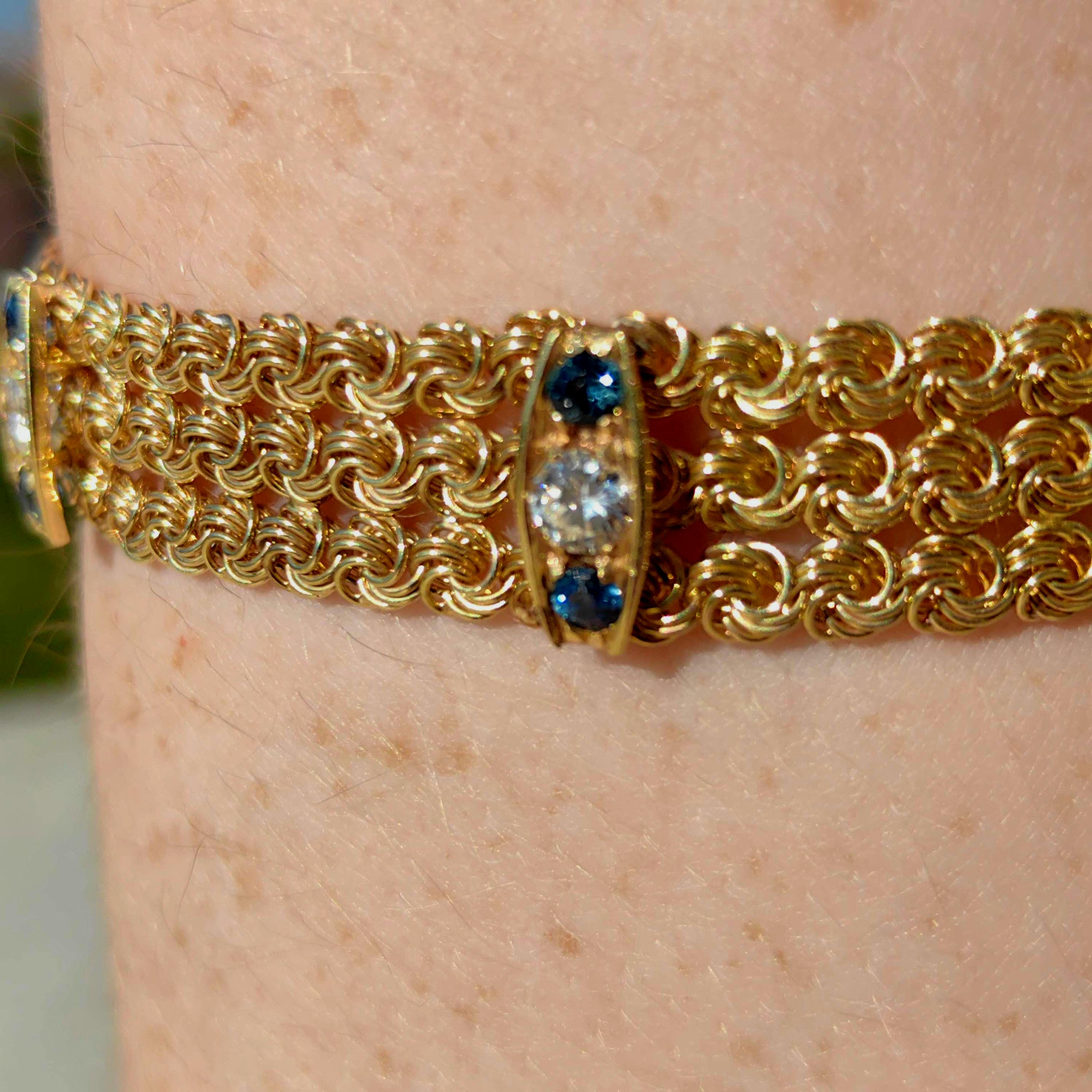 Art Deco Sapphire Diamond Bracelet: 14k Yellow Gold Chain, 1940s Vintage