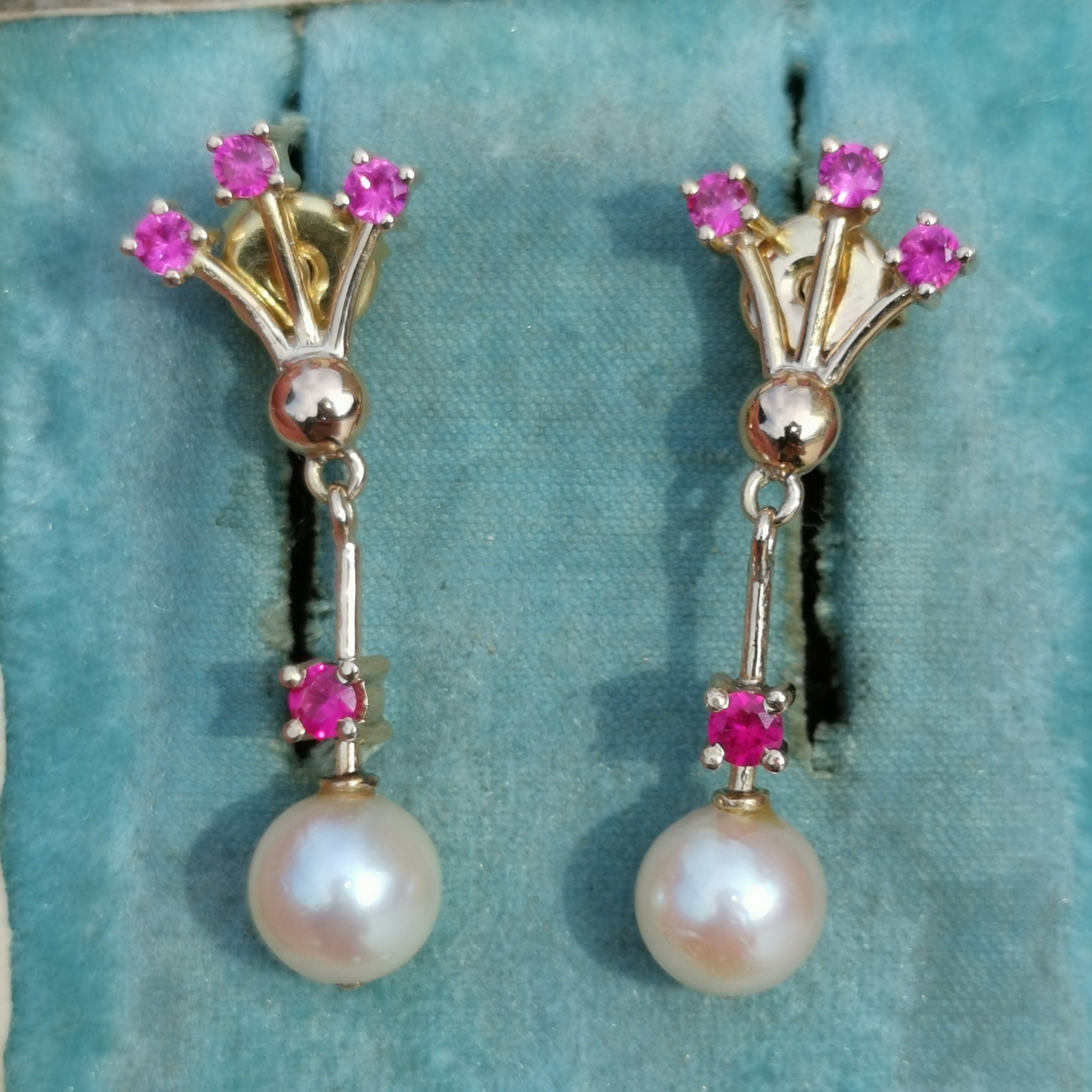 Vintage 18k Solid Yellow Gold Dangle and Drop Statement Earrings Ruby & Pearl Floral Design Gift for Her Present