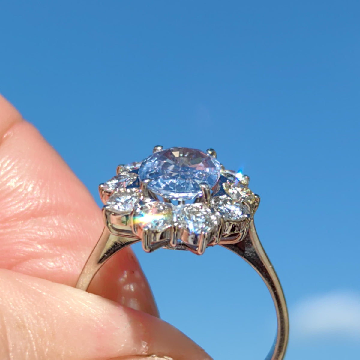 Mid Century Icy Cornflower Blue Sapphire Diamond Ring: 18k White Gold Diana Ring