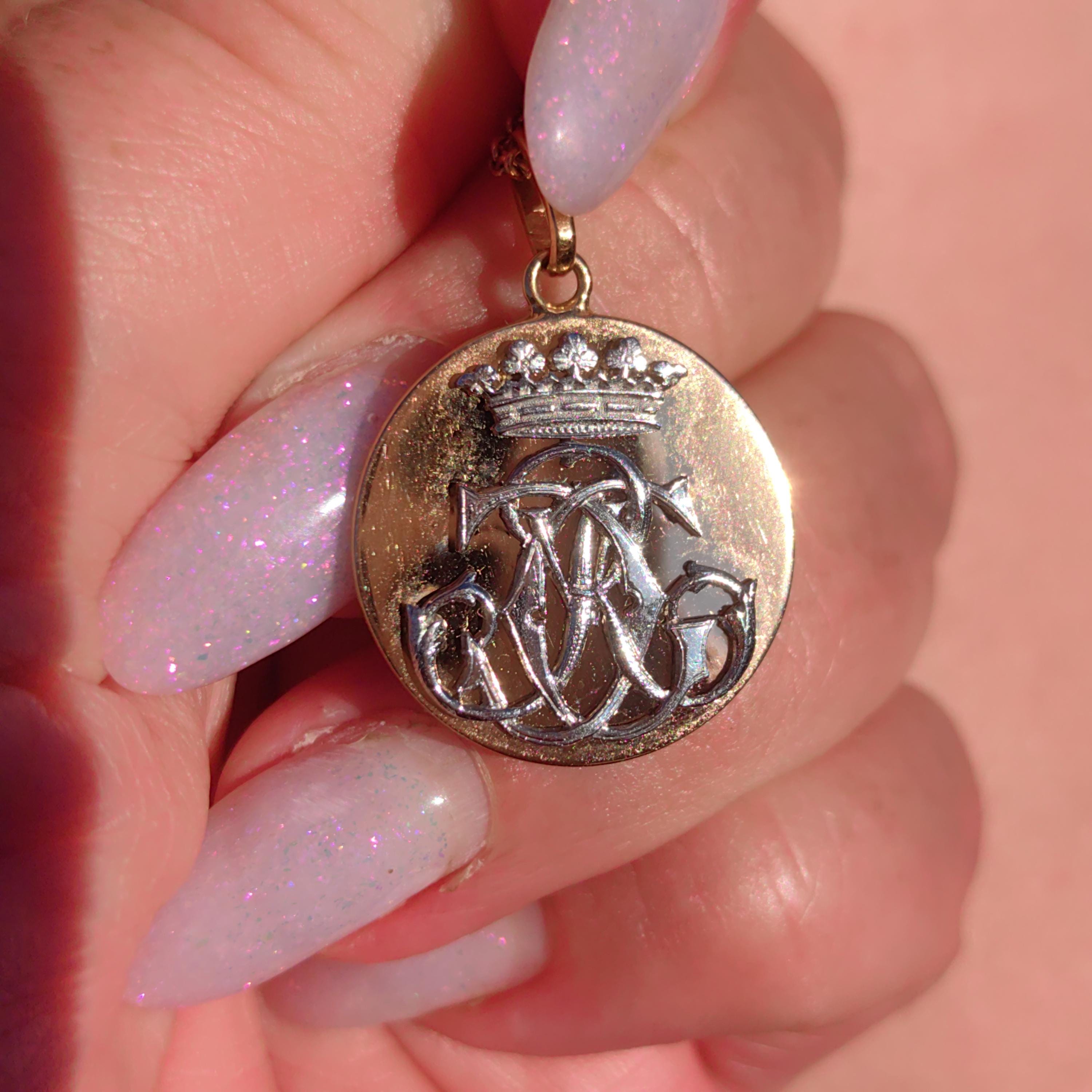 1900s Initial Solid 18k Hallmarked Yellow White Gold Crown Royal Aristocratic Pendant  C J Initial Name Necklace Charm Medal Gift