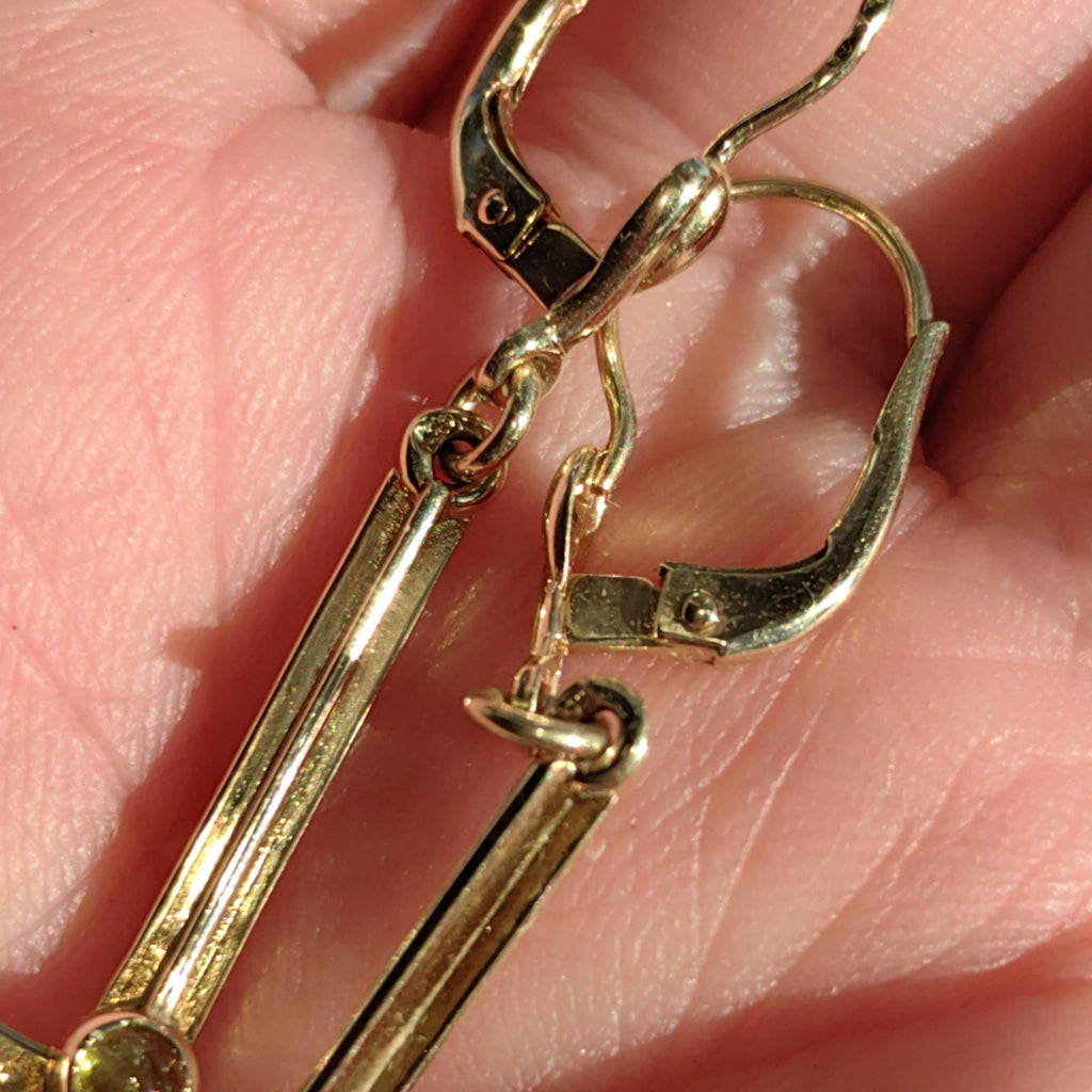 Mid Century Antique Natural Green Peridot Solid 14k Yellow Gold Dangle Drop Long Statement Elegant Geometric Earrings Gift for Her