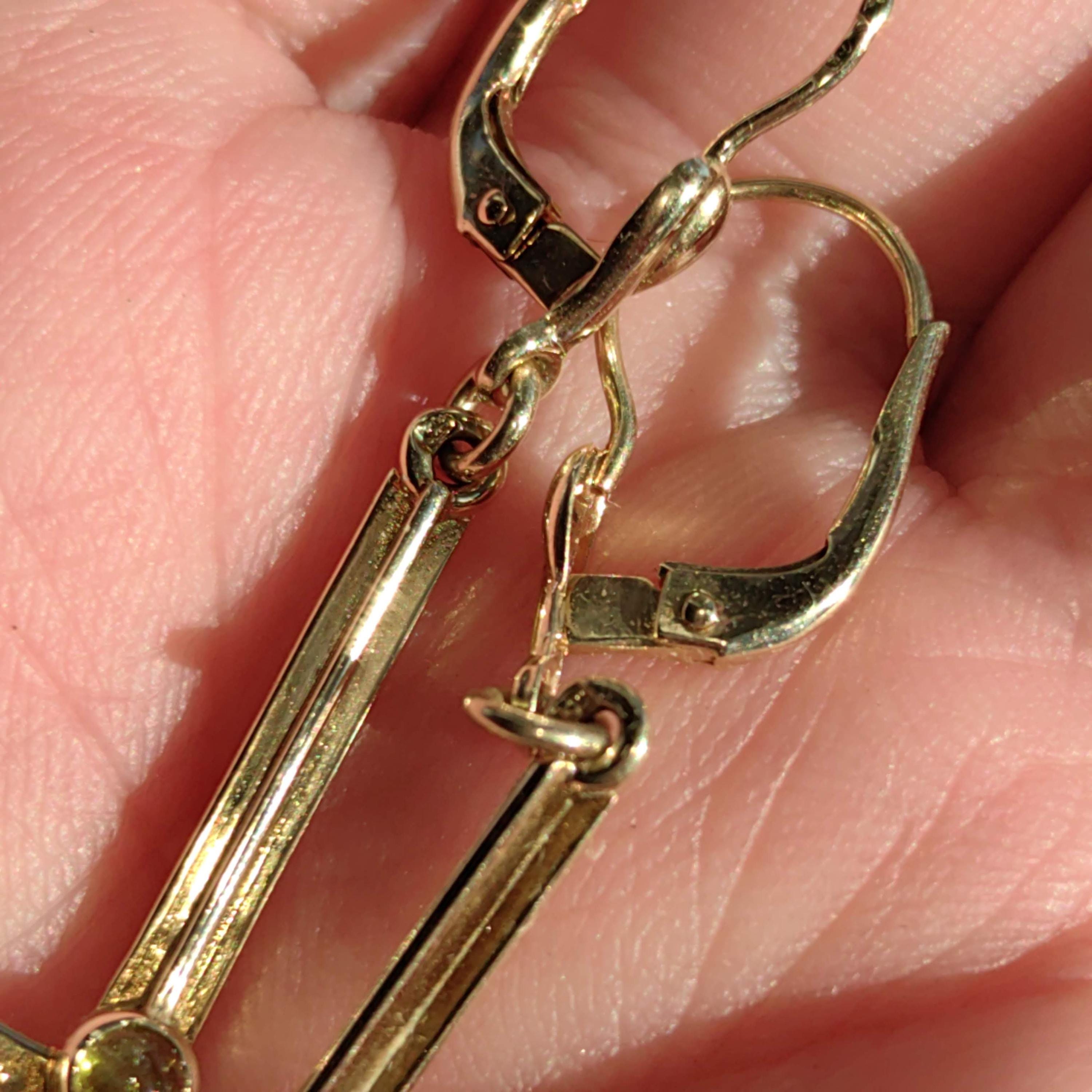 Mid Century Antique Natural Green Peridot Solid 14k Yellow Gold Dangle Drop Long Statement Elegant Geometric Earrings Gift for Her