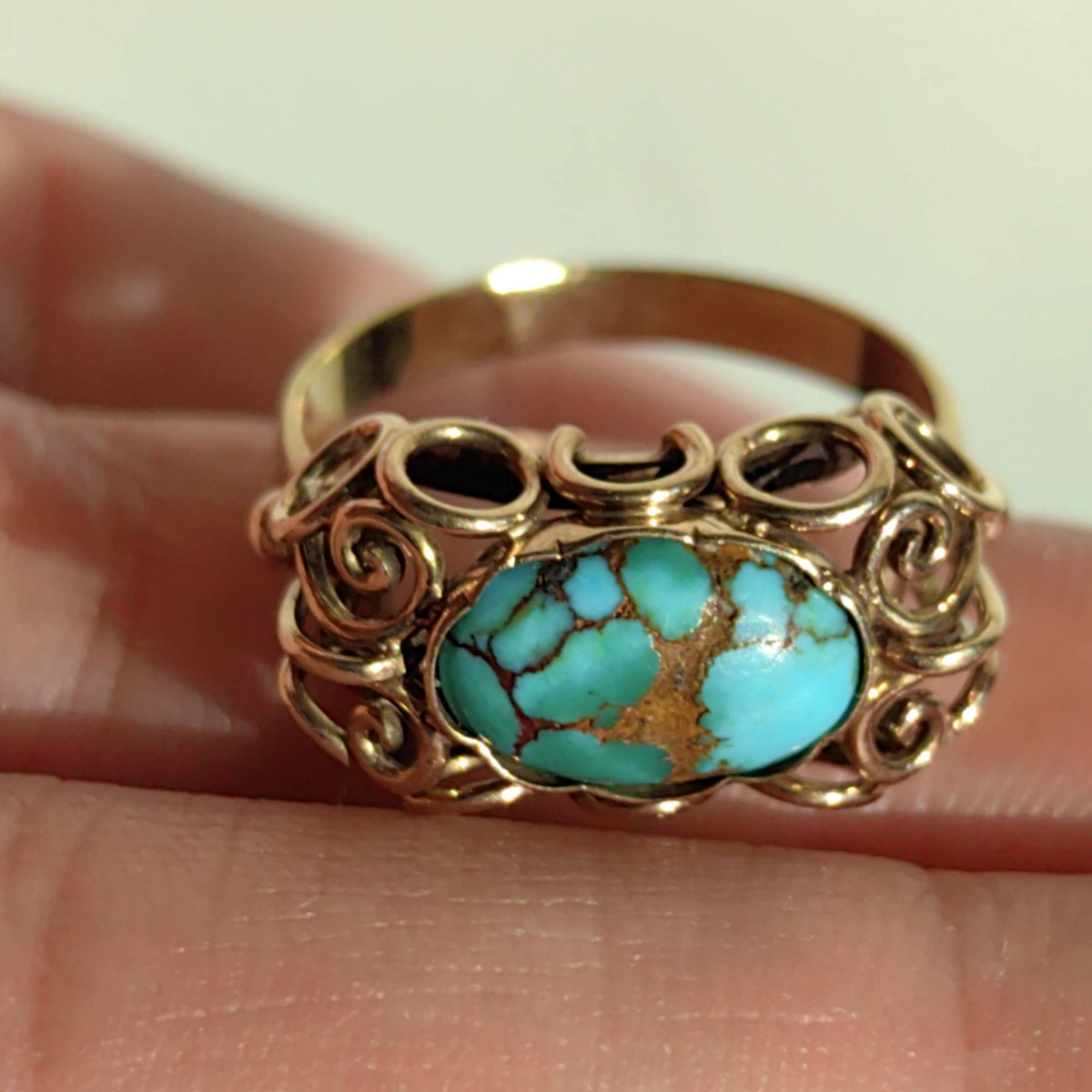 Art Deco Natural Blue Turquoise Ring, 14k Yellow Gold Antique Statement Ring, 1930s Cabochon Gemstone Vintage Jewelry Gift