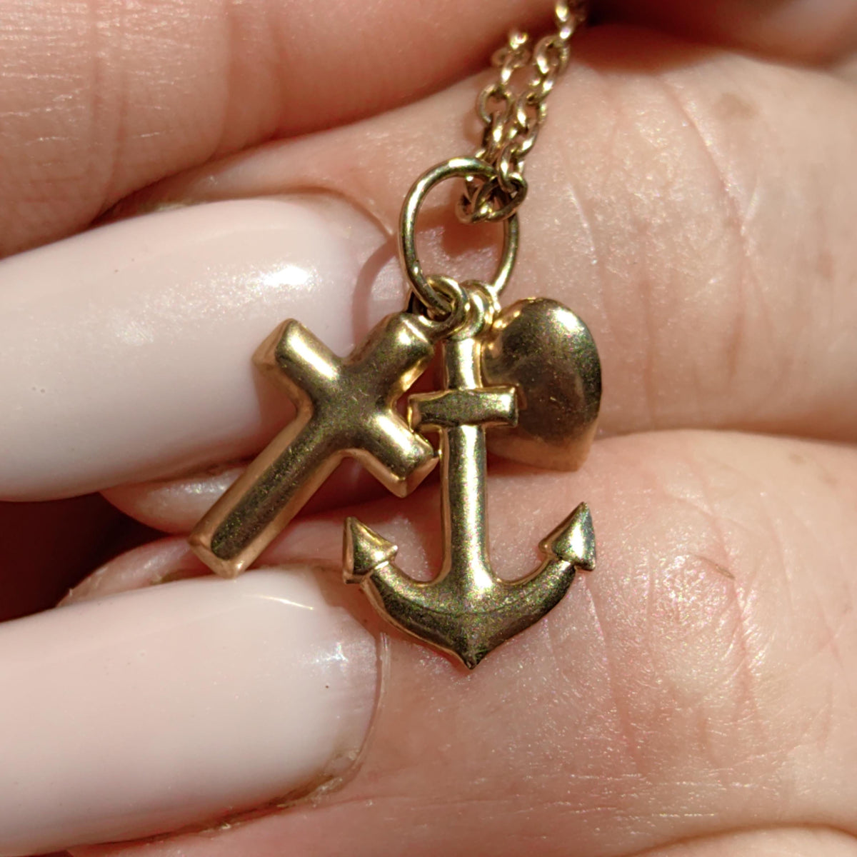 Vintage 14k Yellow Rose Champagne Gold Cross Heart Anchor Charm Pendant Art Nouveau Nautical Traveller Love Faith Christian Medal Gift