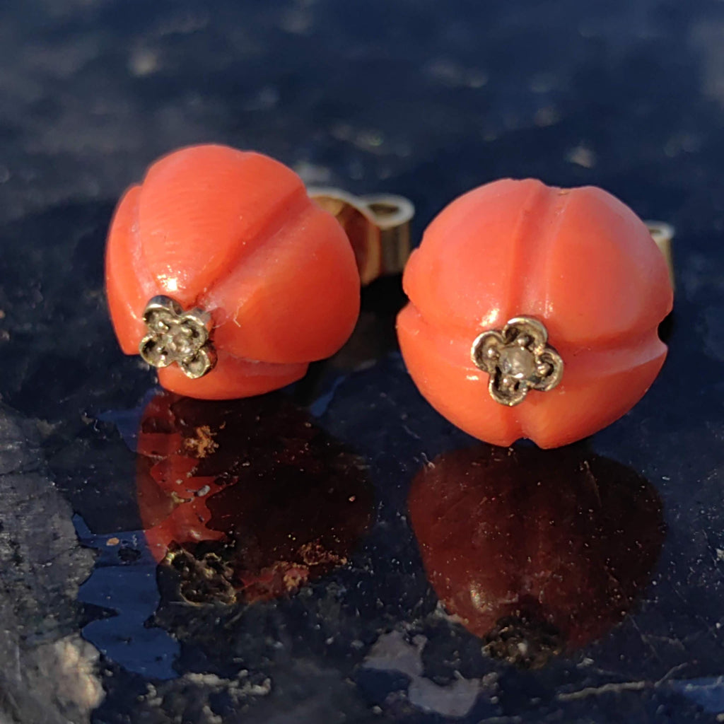 Victorian Coral Stud Earrings: Rose Diamond 18k Gold, Antique 1880s