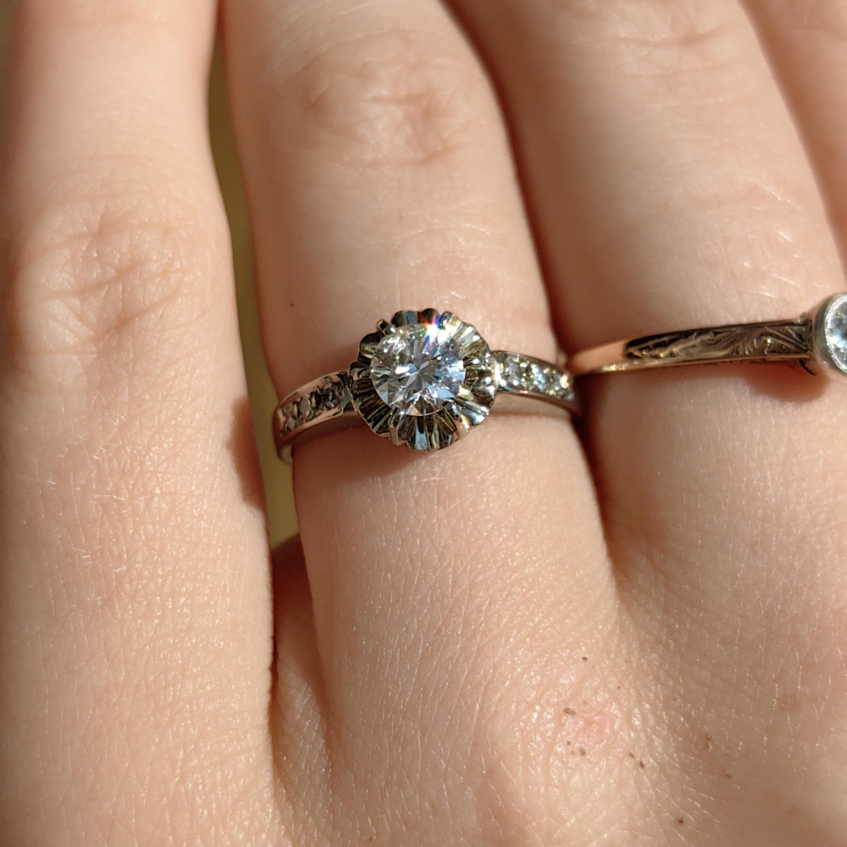 Vintage Natural Diamond Cluster Ring 14k Solid White Gold Engagement Ring Wedding Band Size 6, Elegant Gift for Her