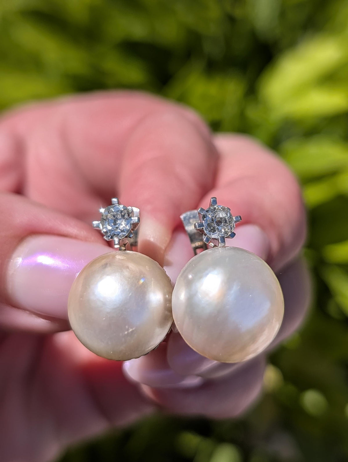 1940s Diamond Mabe Pearl Statement Earrings 18k White Gold Old Mine Cut Diamonds Hallmarked Luxury Fine Jewelry Gift for Her
