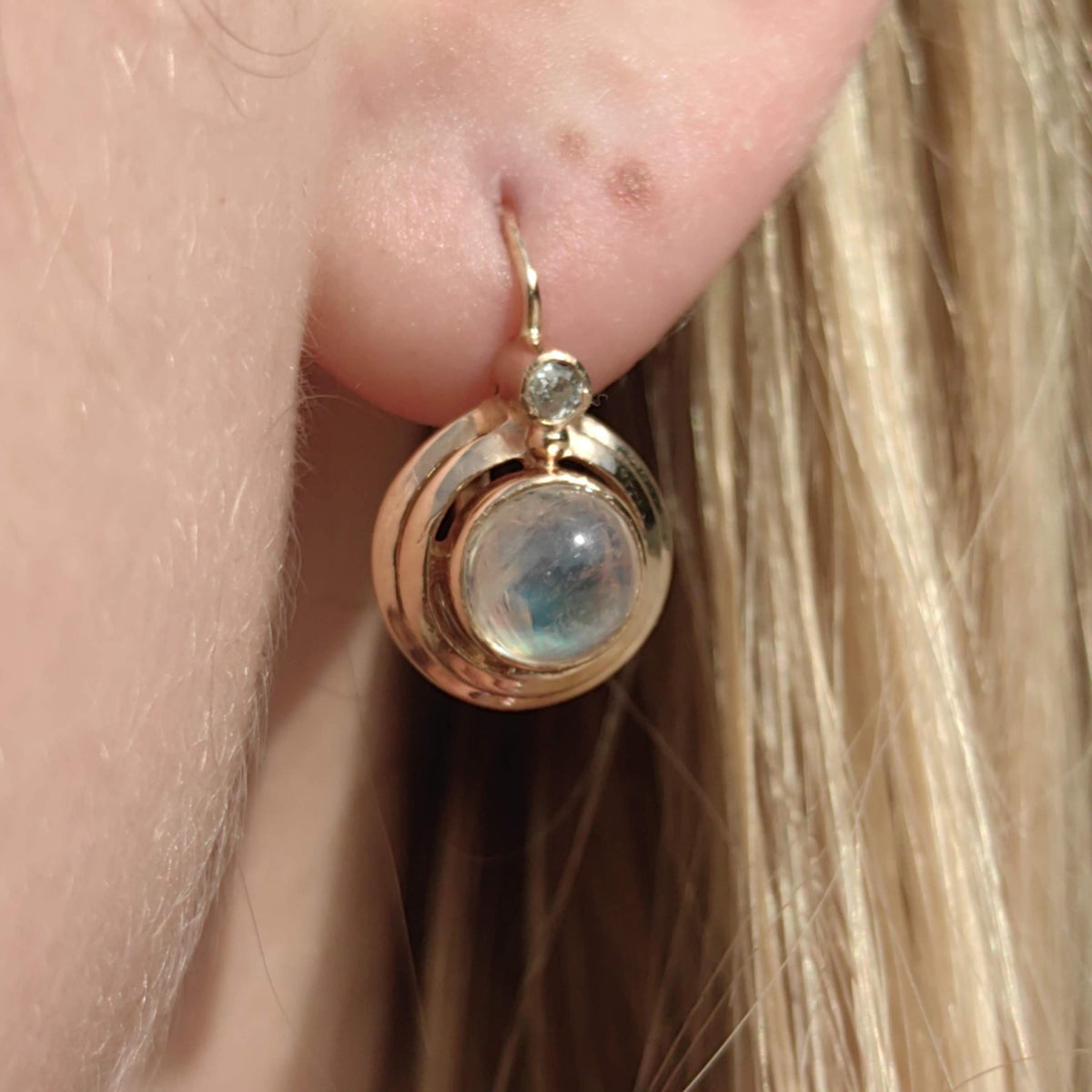 1920s Art Deco Moonstone Diamond Earrings, 14k Rose Gold, Hungarian Hallmarked Dangle