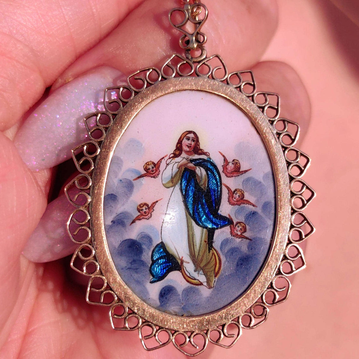 Antique Enamel Virgin Mary Pendant: 14K Gold Art Nouveau Religious Charm