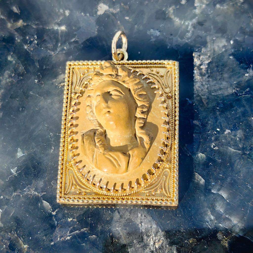 Antique Hand Carved Lava Cameo Pendant: 14k Solid Gold Framed Relief