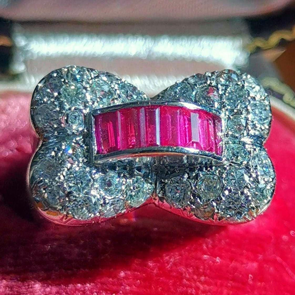 Art Deco Platinum Ruby Diamond Ring: 1930s Vintage Cocktail Ring