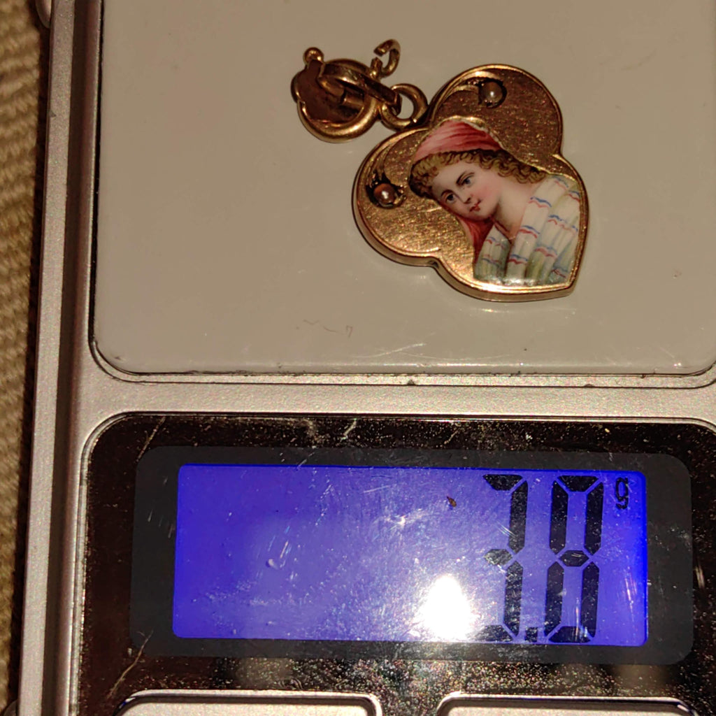 Art Nouveau 1900s  Pearl and 14k Solid Yellow Rose Champagne Gold Hand Painted Fire Enamel Women Portrait Miniature Pendant Gift for Her