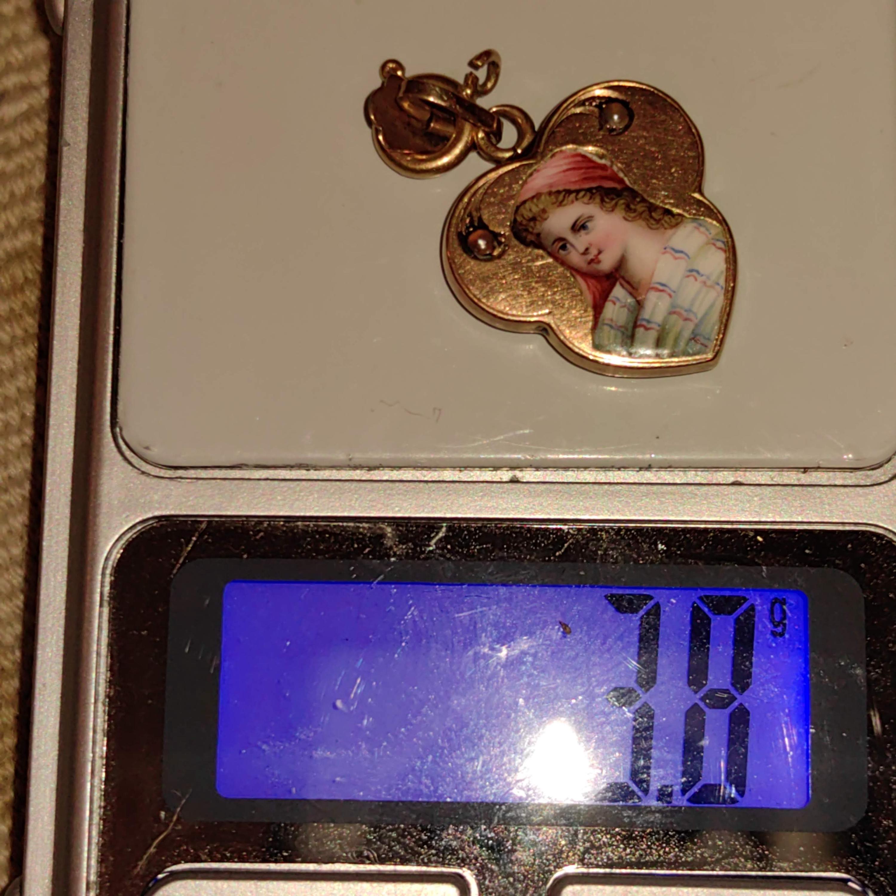 Art Nouveau 1900s  Pearl and 14k Solid Yellow Rose Champagne Gold Hand Painted Fire Enamel Women Portrait Miniature Pendant Gift for Her