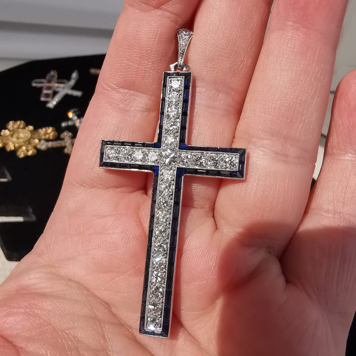 1920s Art Deco Platinum Cross Pendant: Diamond & Sapphire Antique