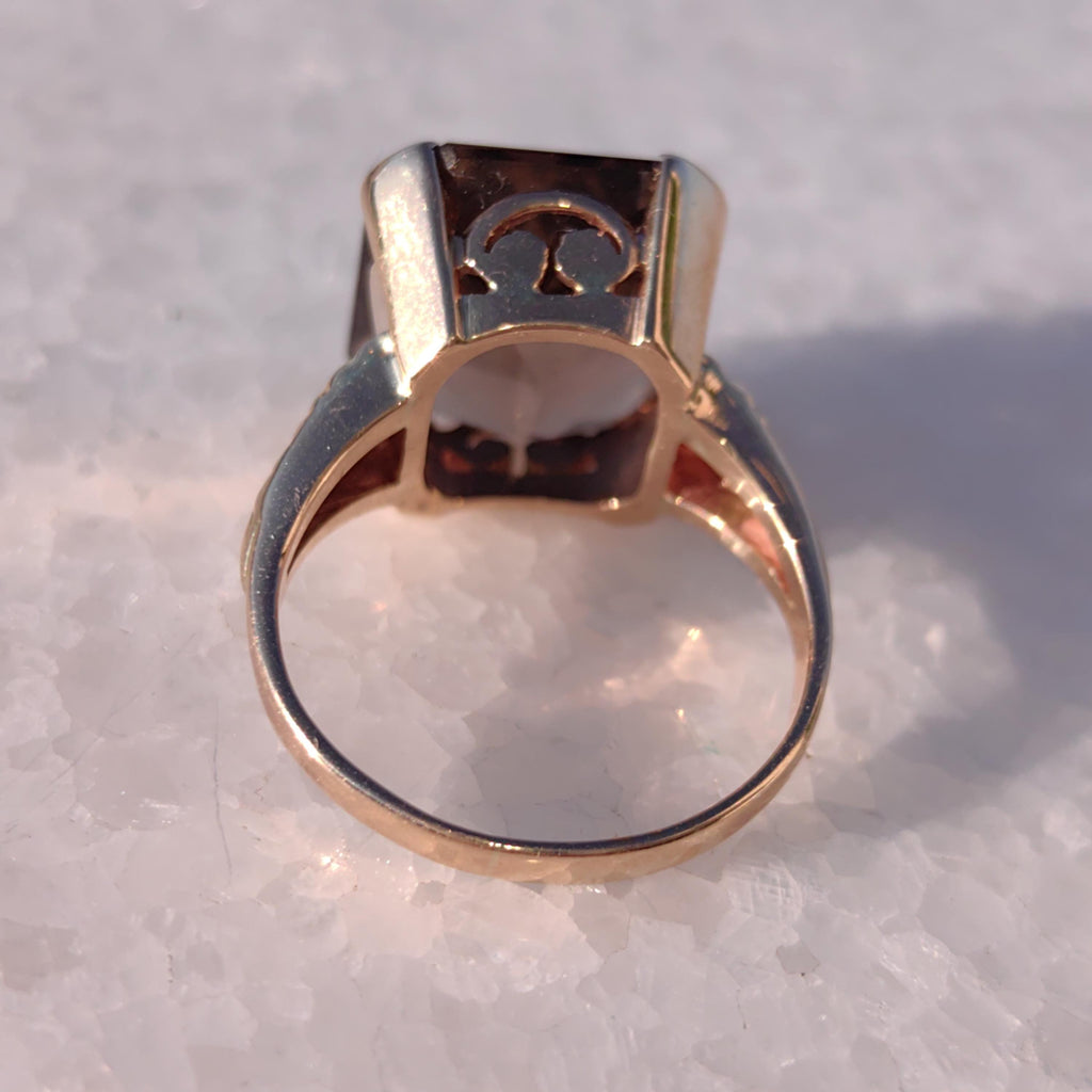 Smoky Topaz Art Deco Ring: 14k Yellow Gold, 1940s Statement
