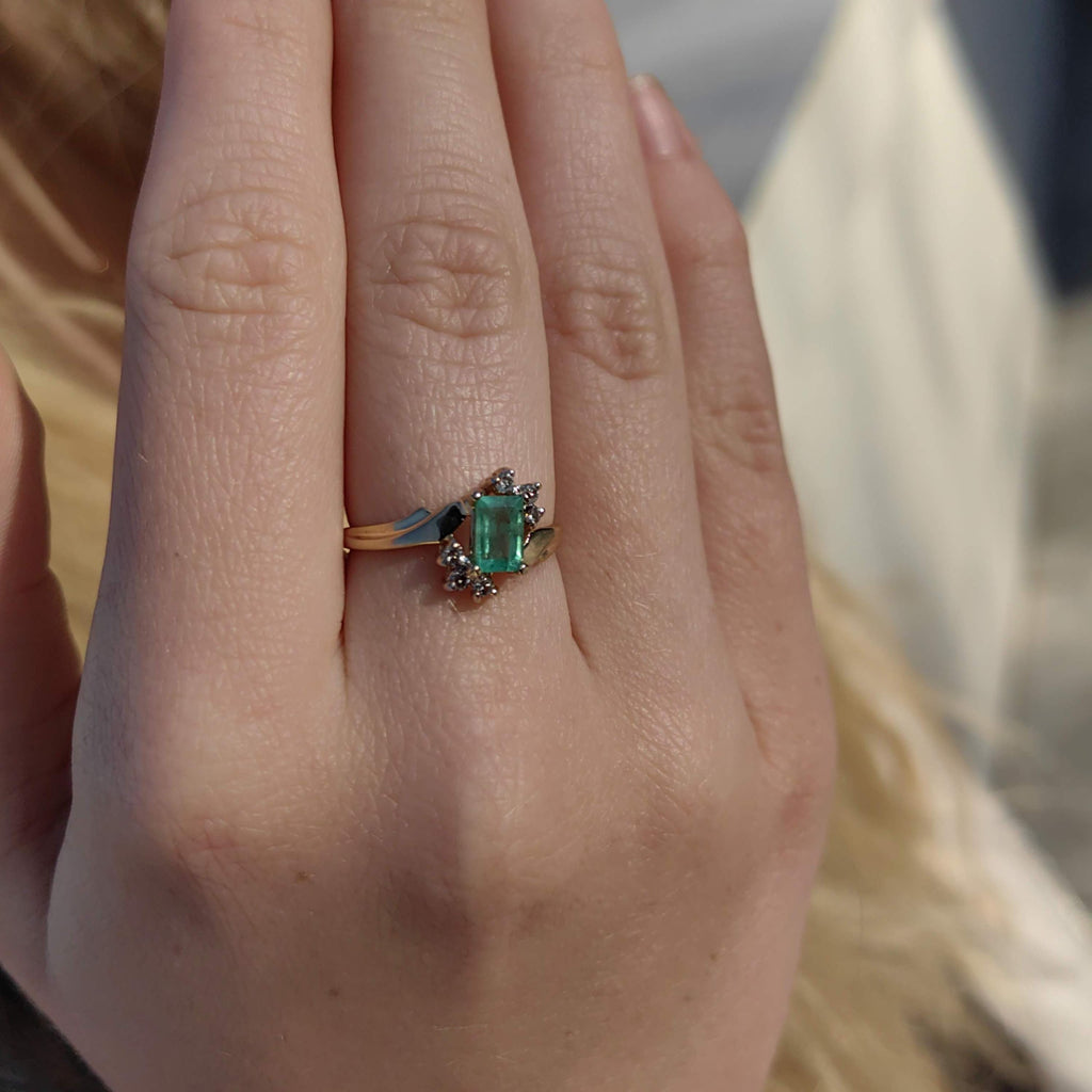 Vintage Square Green Natural Emerald Diamond 14k Solid Yellow Gold Antique Engagement Ring Dainty Stackable Band Gift for Her