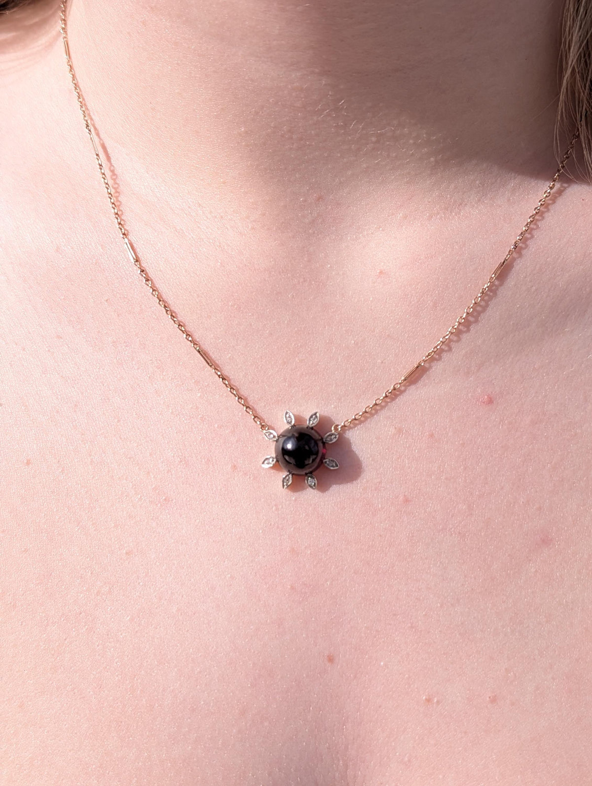 Victorian Garnet Necklace 14K Gold Floral Pendant Antique 1890s Handmade Red Cabochon Garnet Charm Vintage Necklace Gift for Her