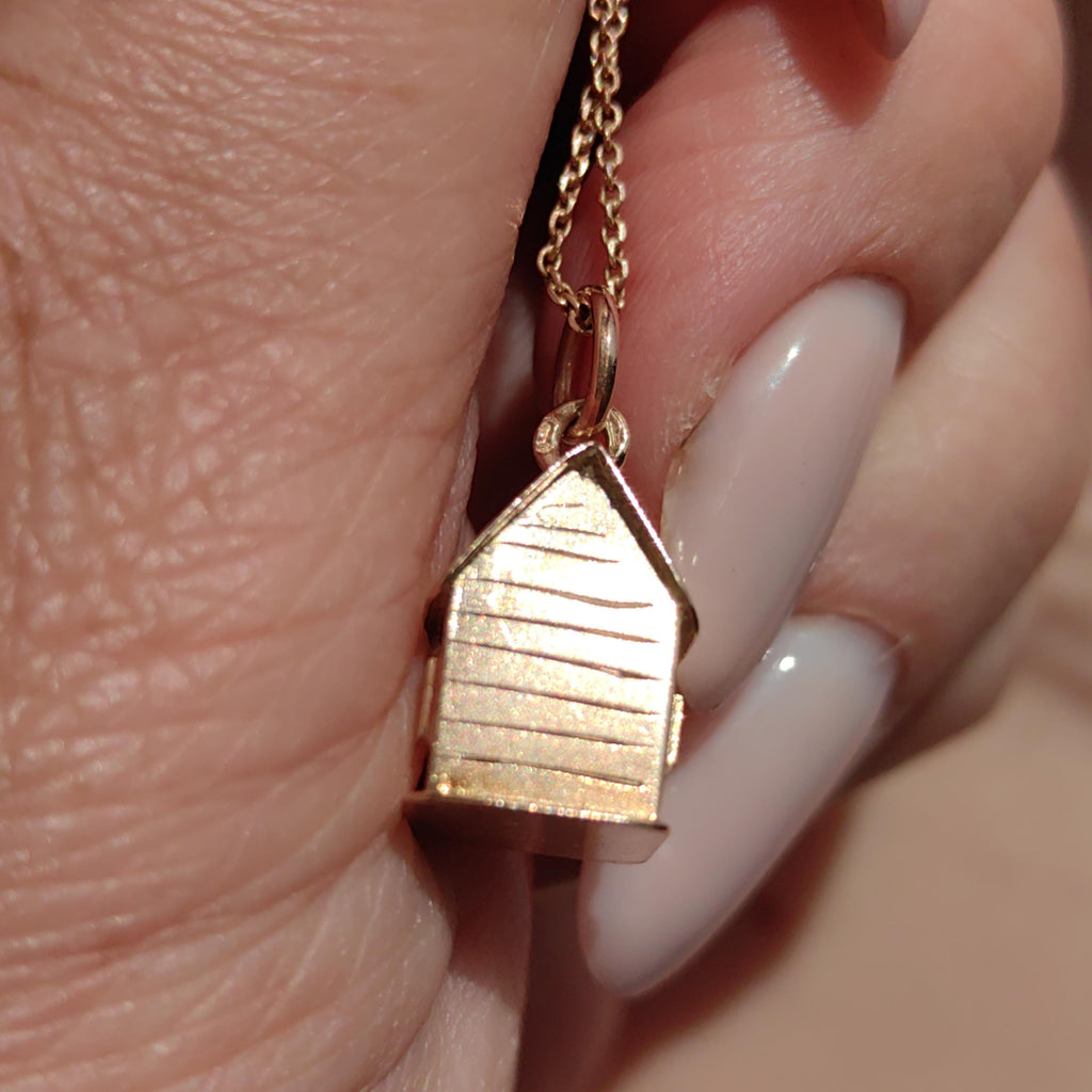 14k Solid Yellow Gold Miniature House Pendant Vintage Handmade Luck Home Charm Housewarming Gift Present