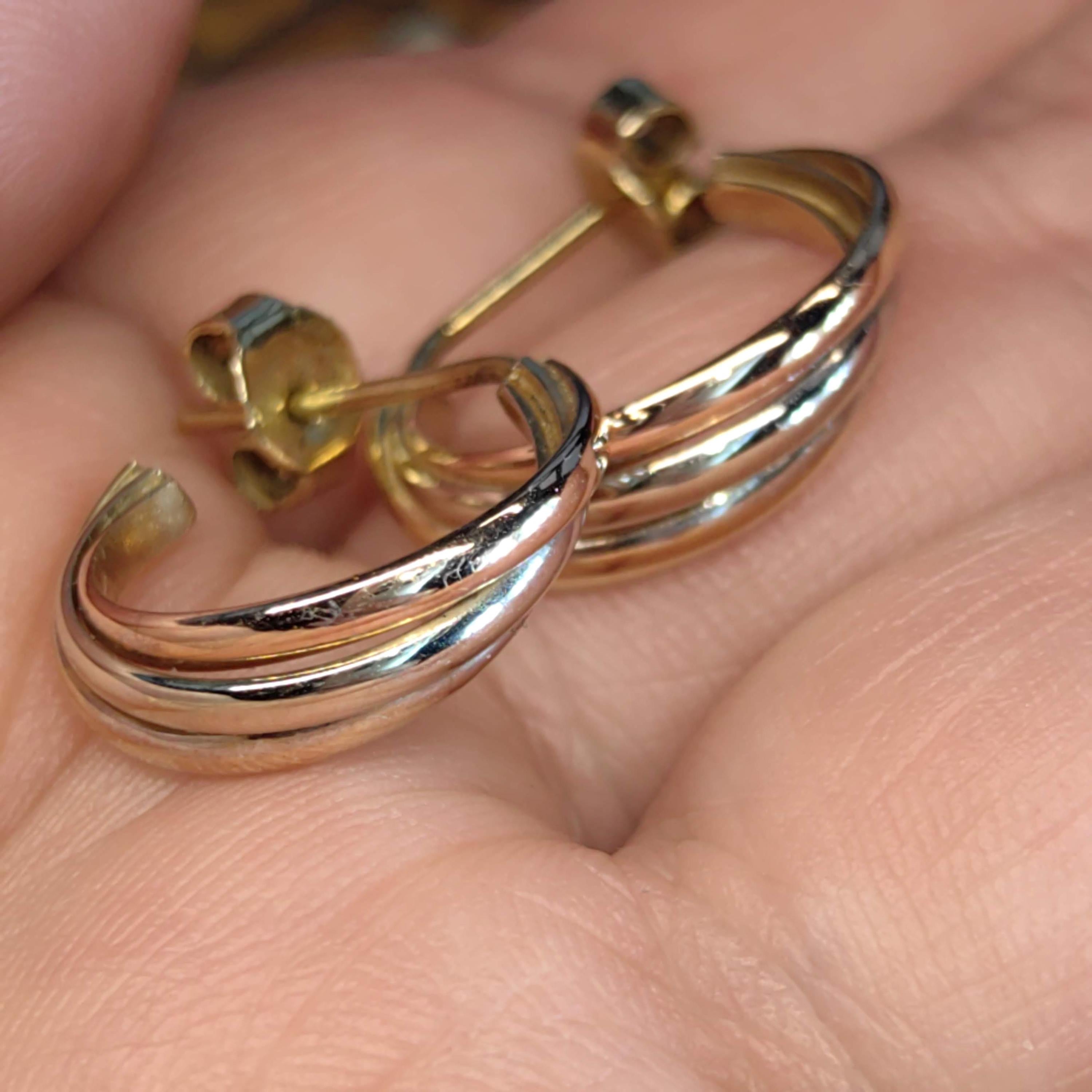 14k Hallmarked Solid Rose Yellow and White Gold Trinity model Elegant Three tone Gold Minimalist Design Push back Earrings gift for her