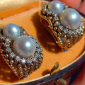 Art Deco 18k Solid Yellow Gold Natural Gray Sea Pearl Diamond Earrings 1930s Vintage Omega Closures Statement Earrings Gift for Her