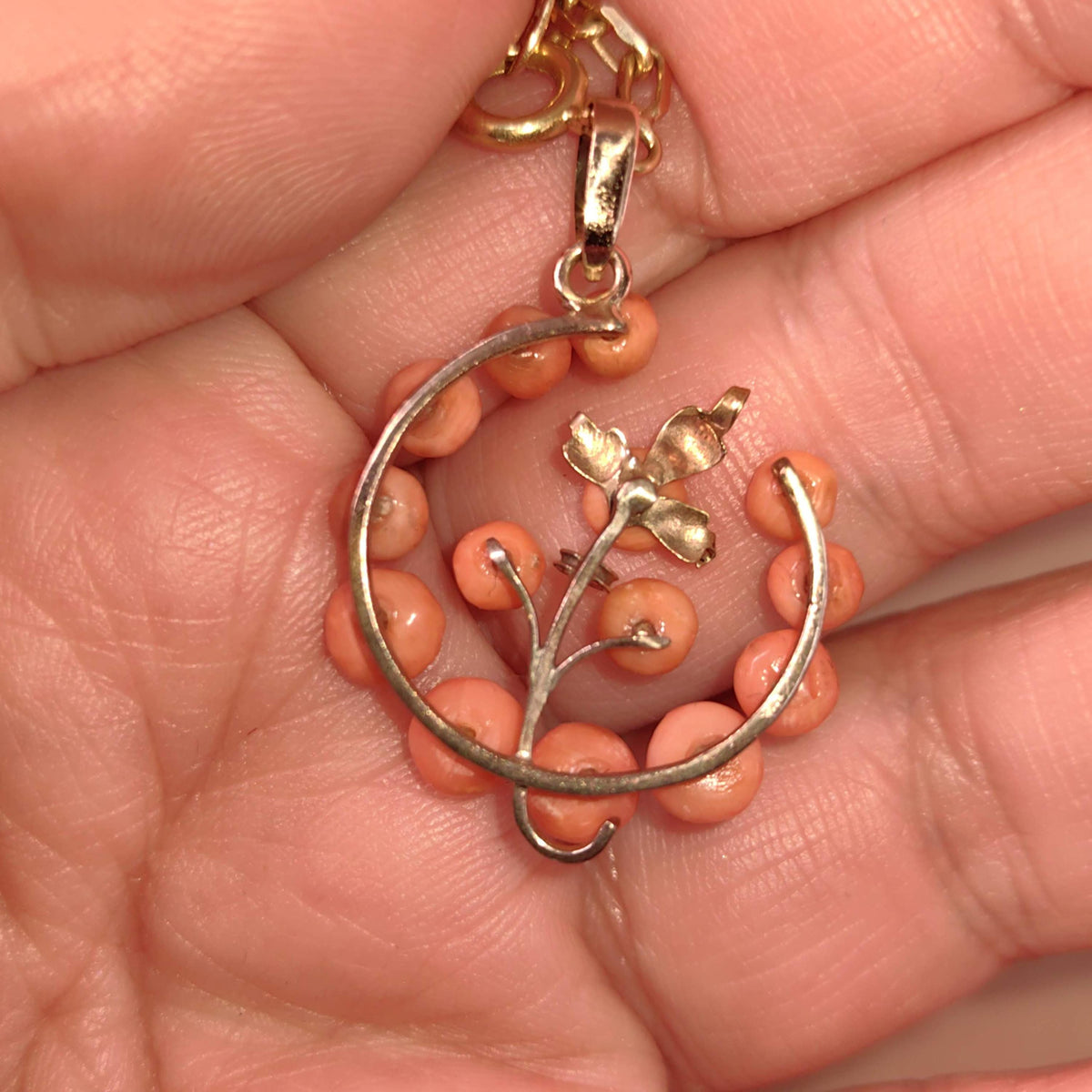 Vintage 14K Solid yellow Rose Gold Floral Statement Pendant with Mediterranean Red Coral Gift for Her Present