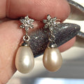 Vintage Diamond Pearl Drop Solid White 18k  Gold Dangle Elegant Dainty Earrings Gift for her wife romantic present Christmas birthday
