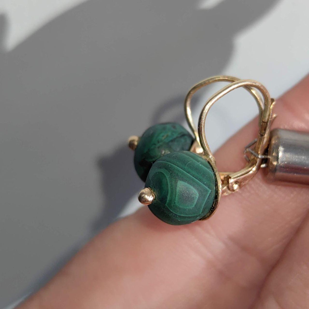 Antique 14k Gold Malachite Earrings: Art Nouveau Sleepers