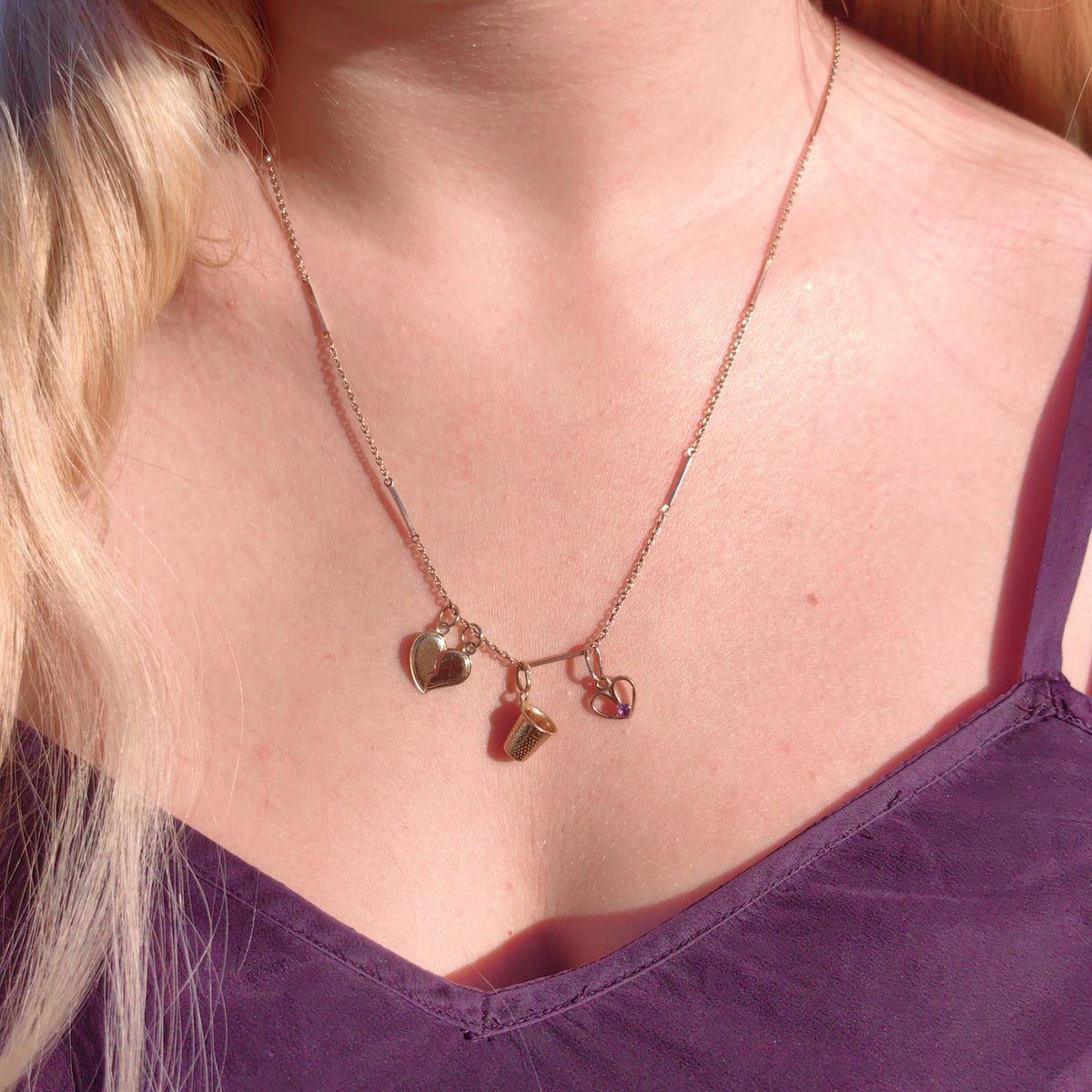 Natural Amethyst Solid hallmarked 14k yellow Gold Minimalist Purple Heart Love Antique Vintage Retro Pendant Necklace